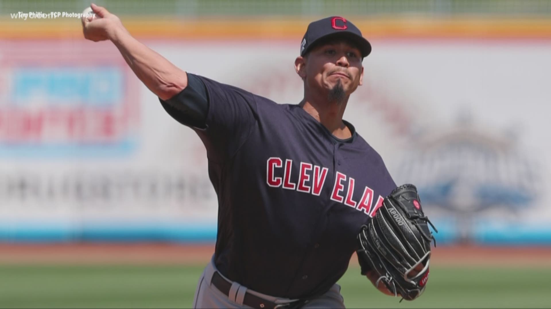 Cleveland Indians pitcher Carlos Carrasco throws live batting