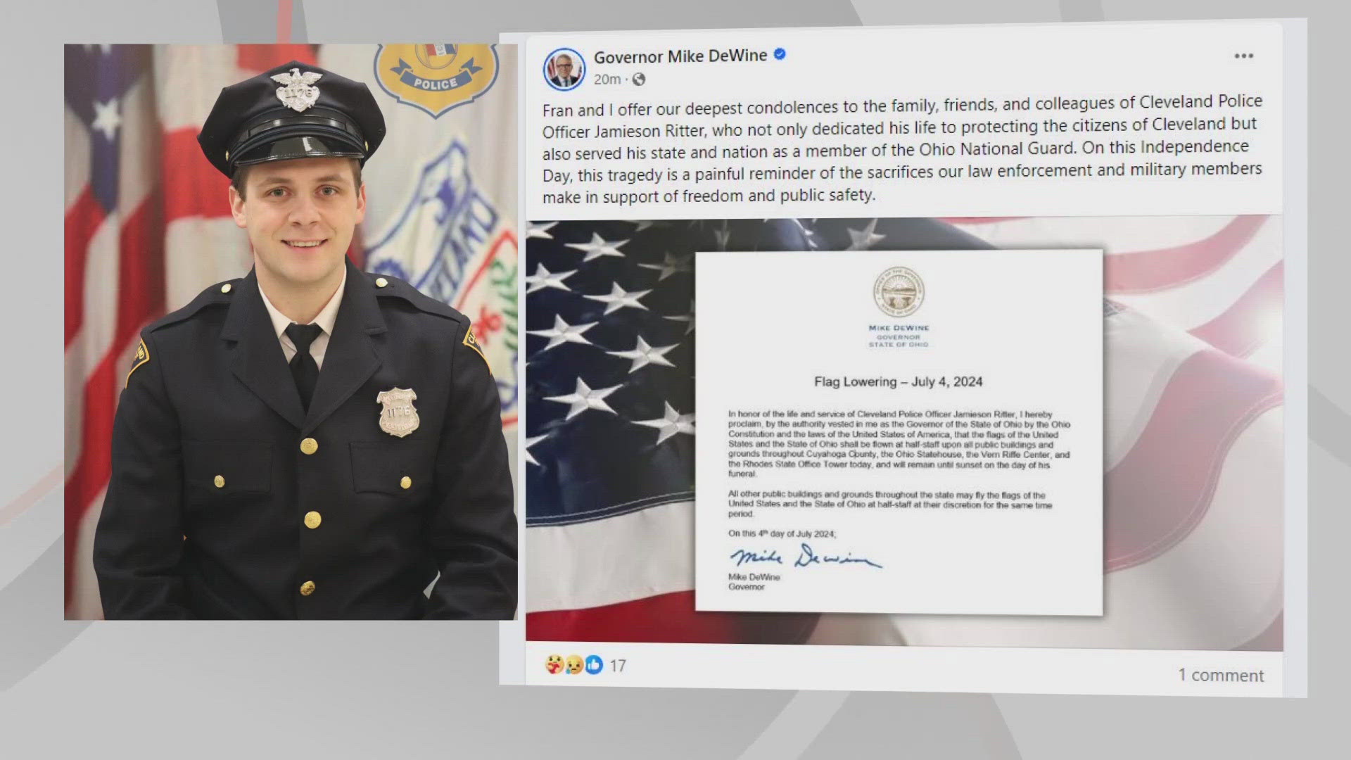 City, county, and state leaders posted messages of sympathy and tribute to fallen Cleveland police officer Jamieson Ritter on Thursday.