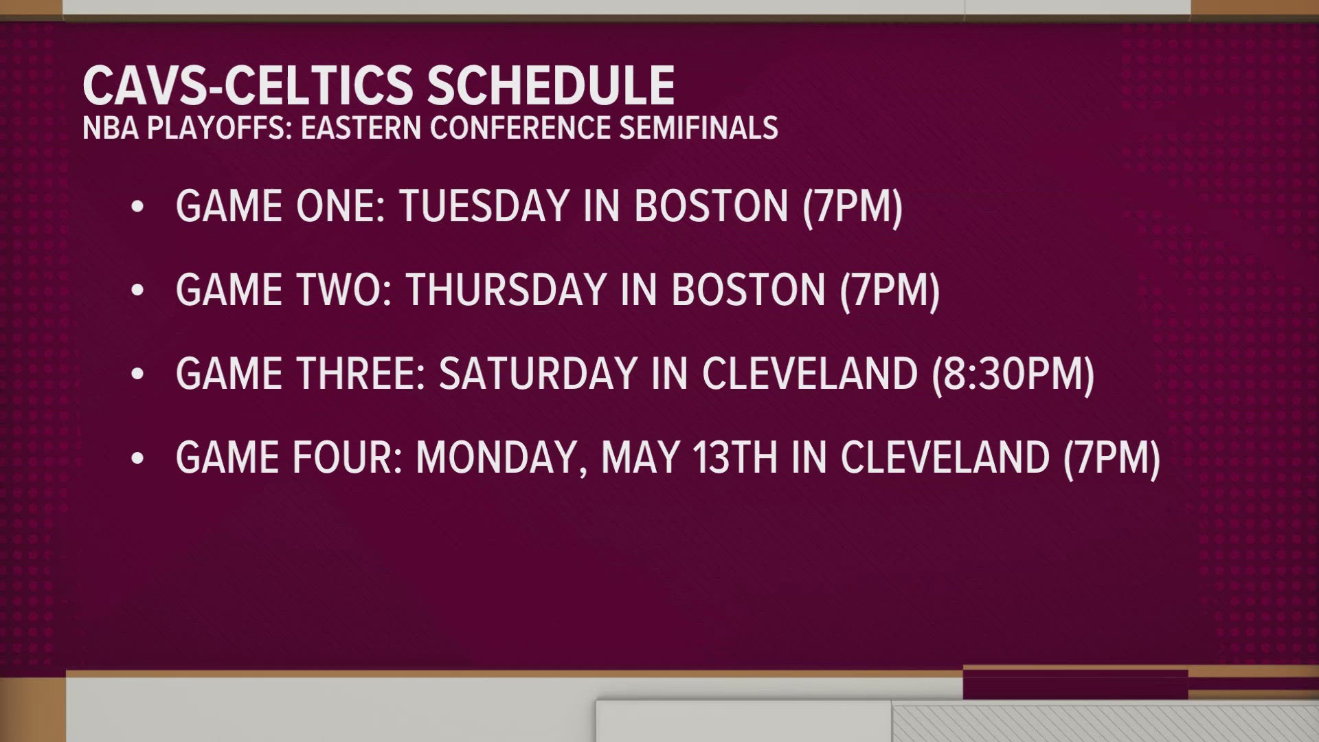 Here's a look at the schedule for Round 2 of the 2024 NBA Playoffs between the Cleveland Cavaliers and Boston Celtics.