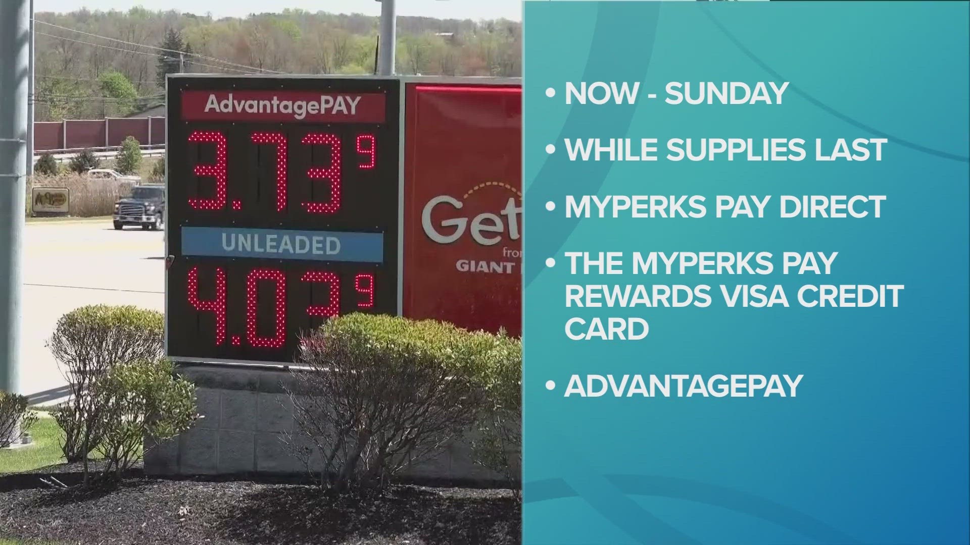 The discount applies to any fuel purchase made with myPerks Pay Direct, the myPerks Pay Rewards Visa Credit Card and AdvantagePay.