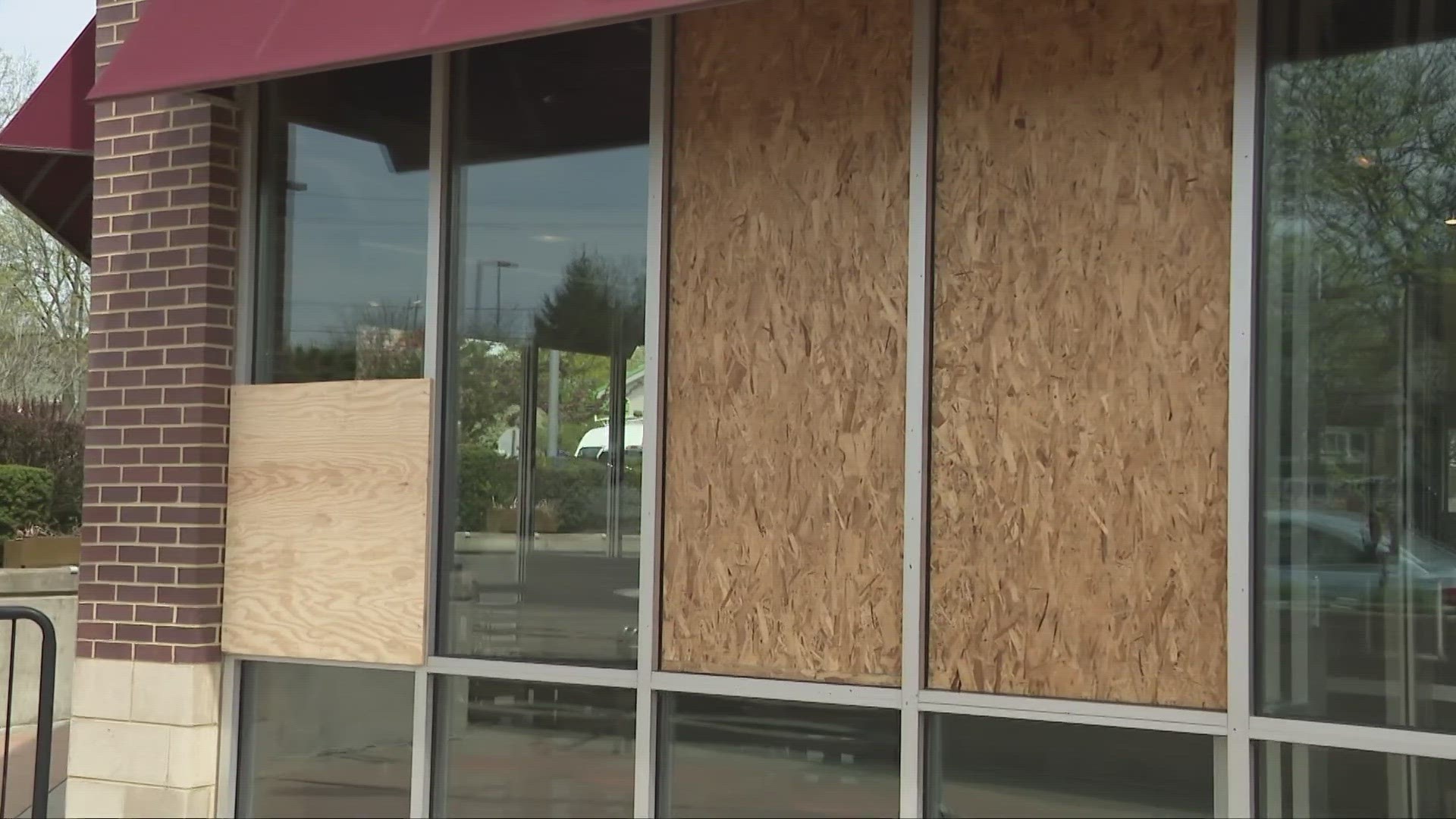 Thrown objects during Wednesday night's protest smashed in windows at Wally Waffle, Irie Jamaican Kitchen, and Chipotle.