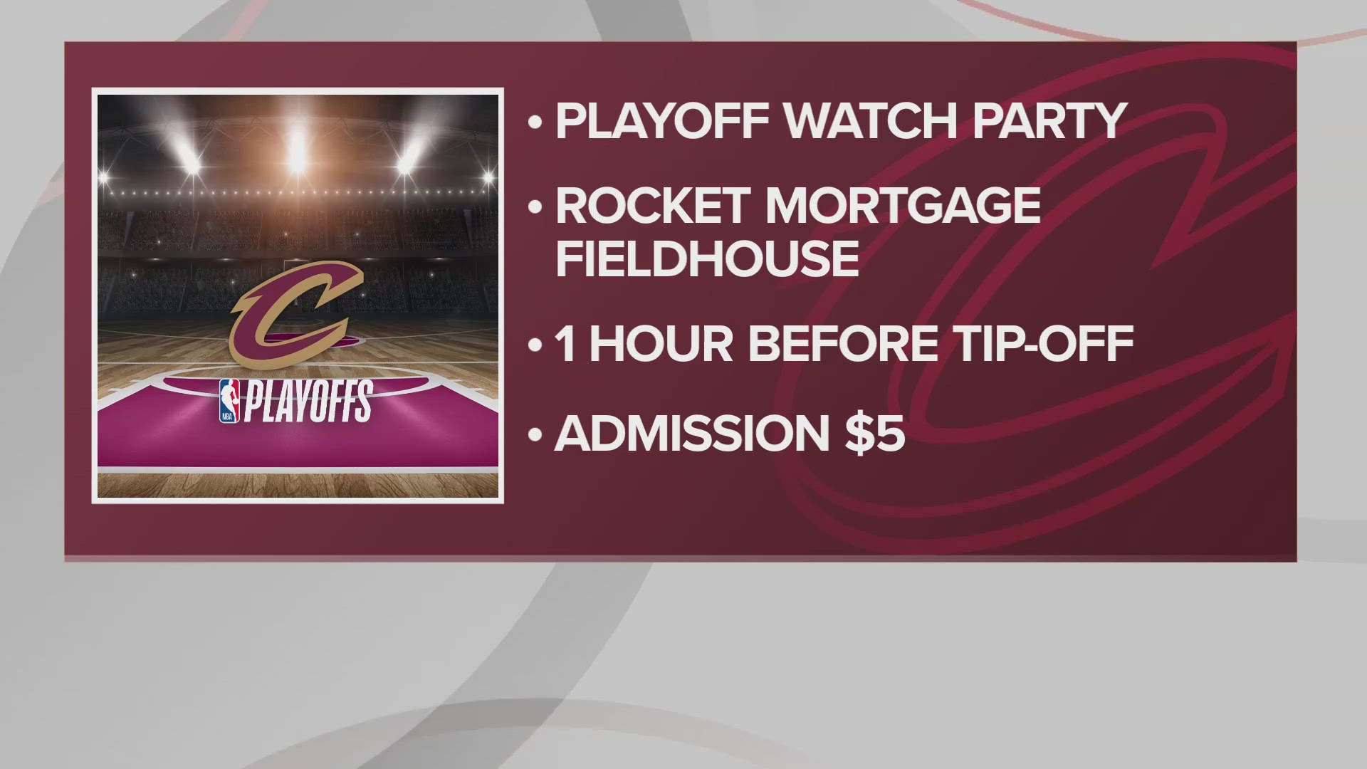 The Cleveland Cavaliers will host an official 2024 Playoff Road Game Watch Party at Rocket Mortgage FieldHouse on Friday, May 3, for Game 6.