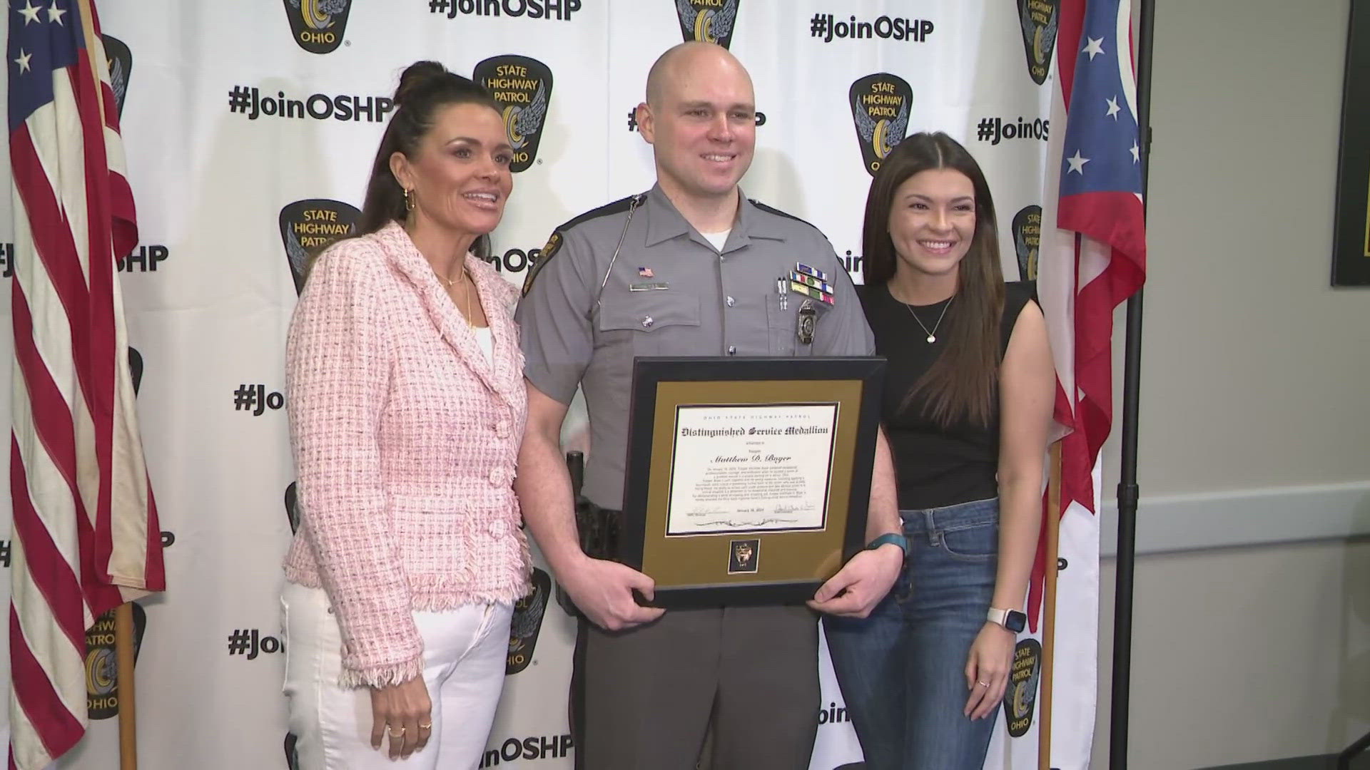 Ohio State Highway Patrol Trooper Matthew Boyer was recognized for saving the life of a gunshot wound victim in Akron earlier this year.