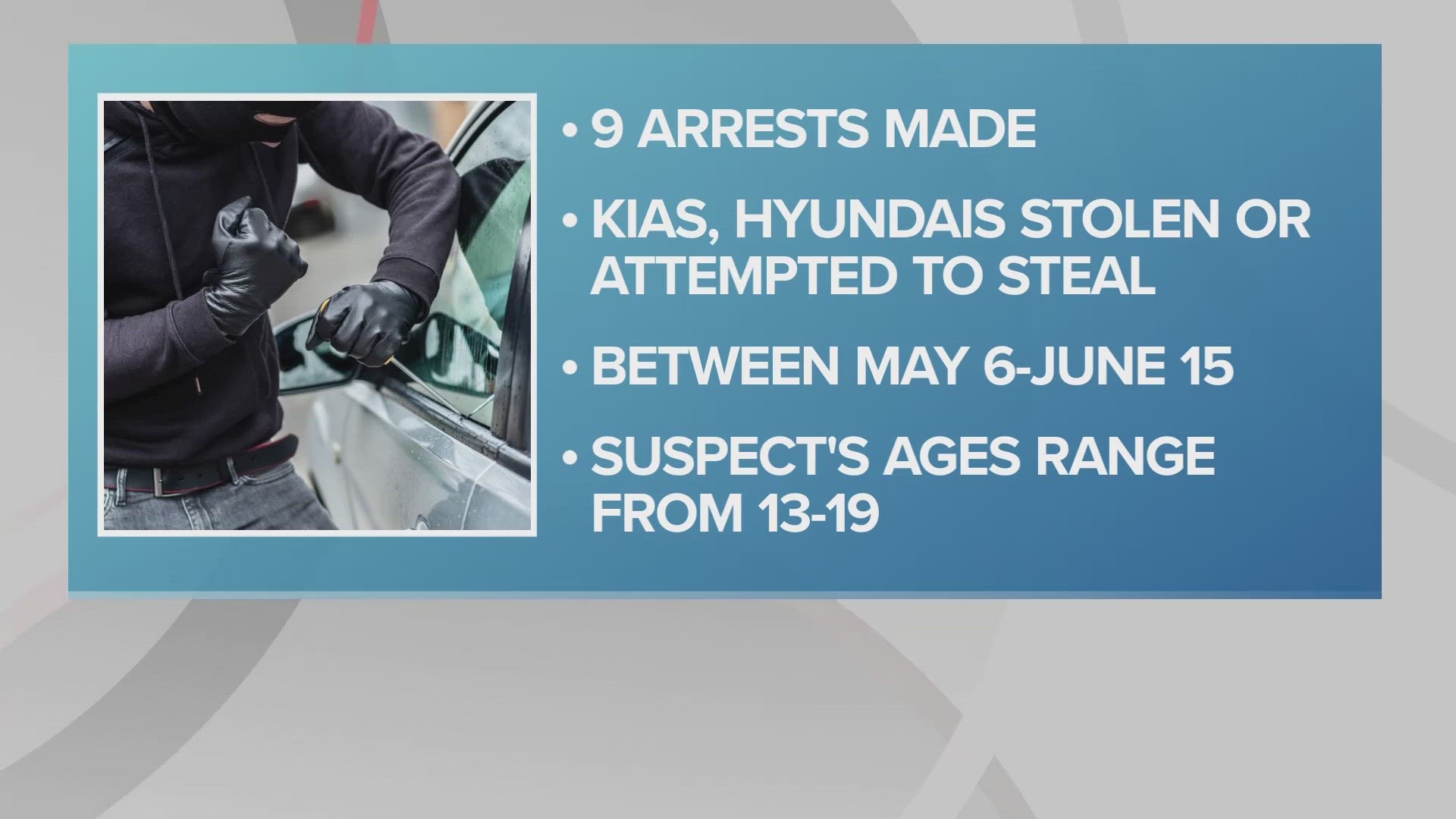 In total, authorities say the group was tied to roughly 50 attempted or successful vehicle thefts between May 6 and June 15.