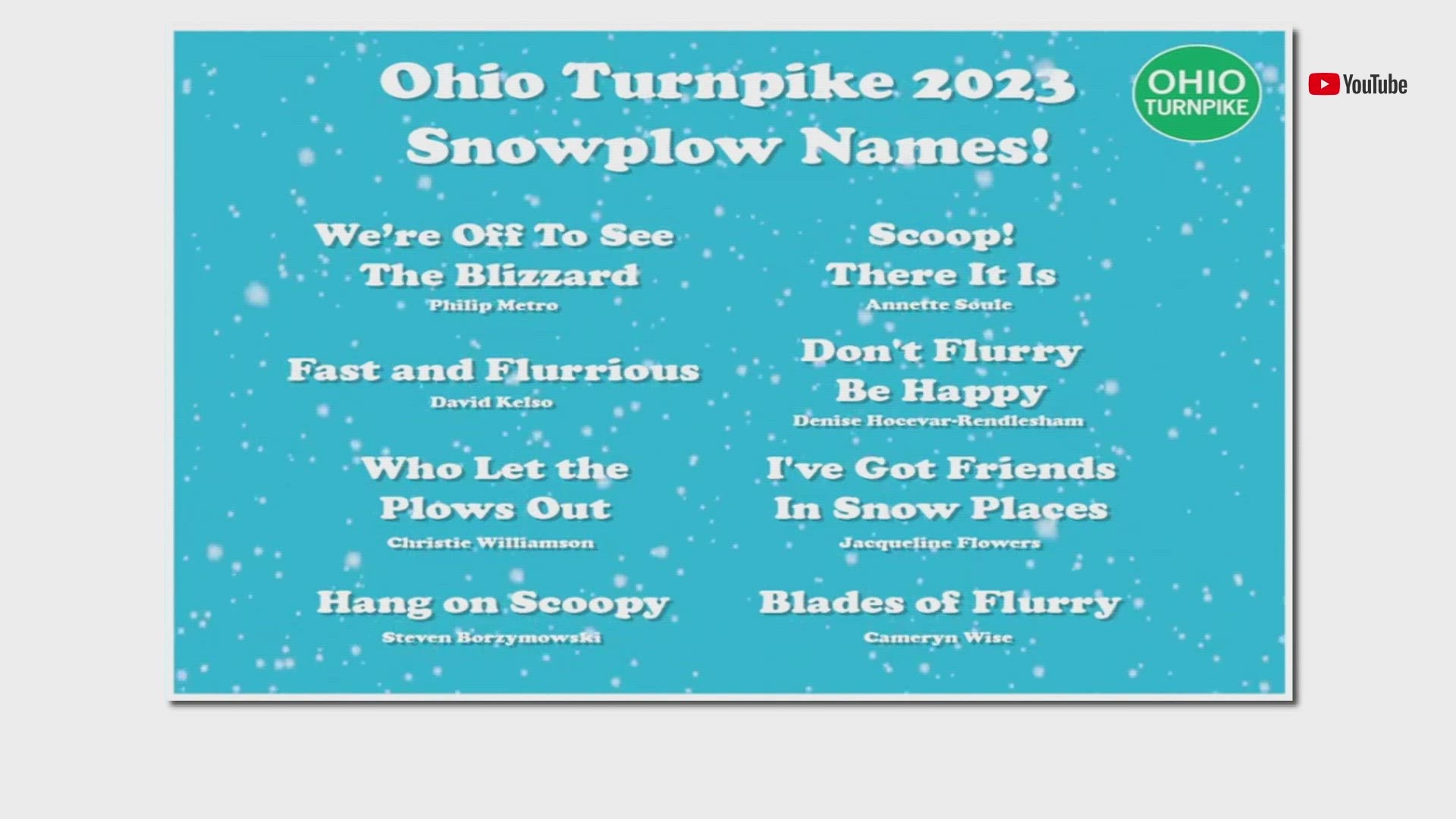 The Ohio Turnpike announced the eight winners of the Name-a-Snowplow contest after more than 3,600 names were submitted.