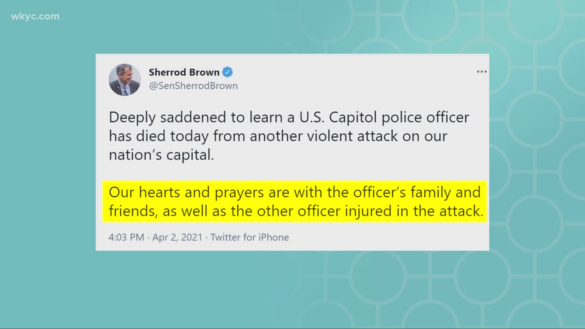 "Deeply saddened to learn a U.S. Capitol police officer has died today from another violent attack on our nation’s capital," said Sen. Sherrod Brown.