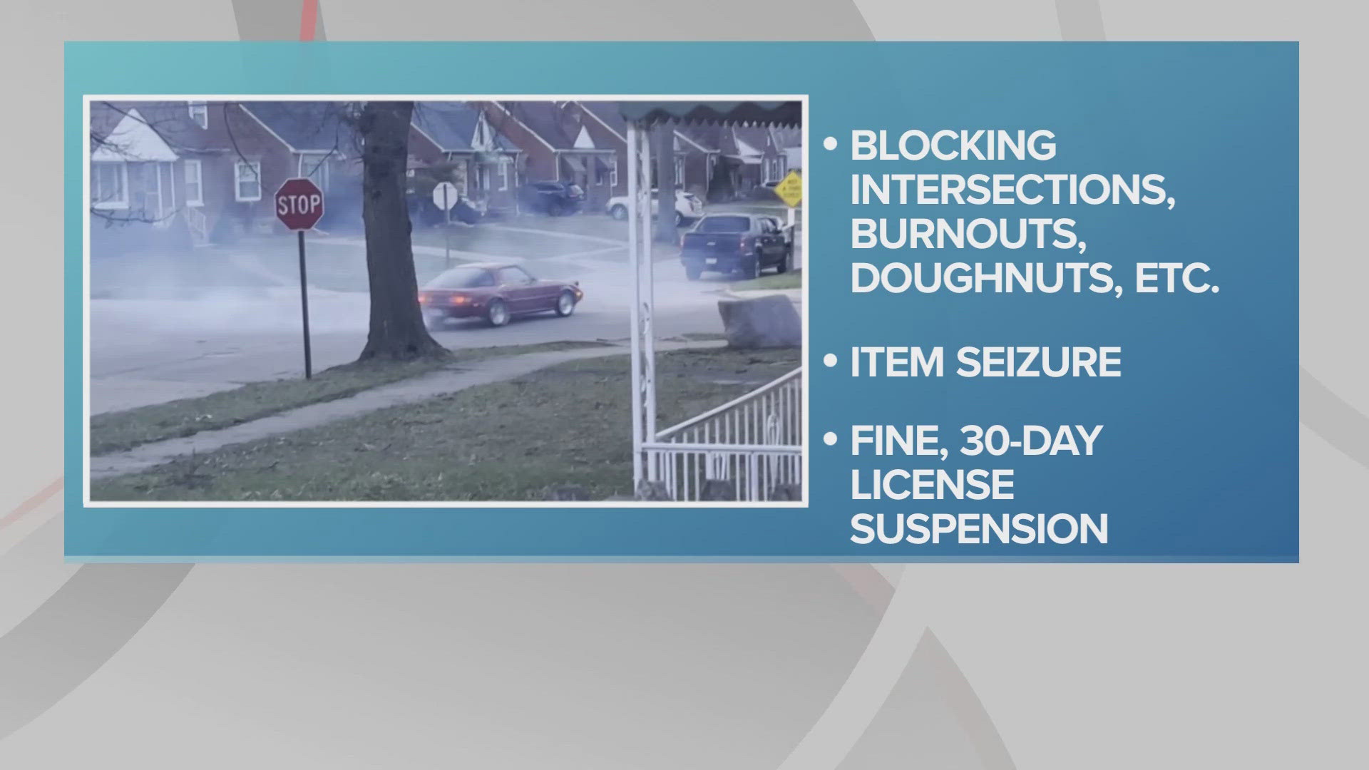 The measure strengthens city street racing laws to prohibit actions like blocking intersections, burnouts, and wheelies.