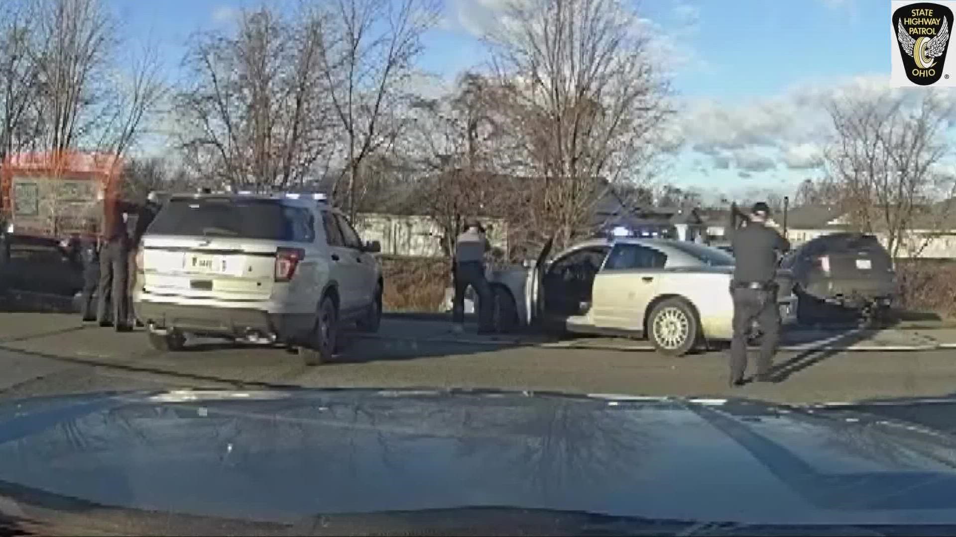One of the three suspects wanted for the death of Officer Dominic Francis was captured in Elyria. Dashcam video shows key moments of the chase.
