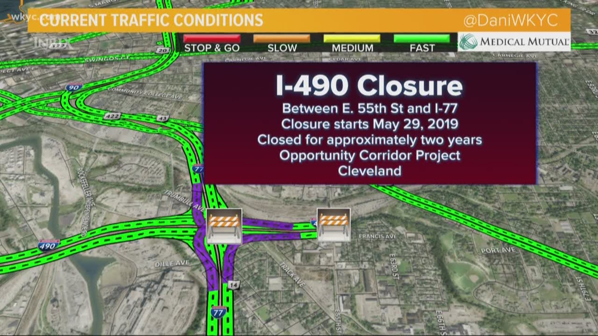 May 29, 2019: It's a construction project years in the making. I-490 will be closed between E. 55th Street and I-77 from May 29, 2019, until May 2021 as construction crews work on 'Section 3' of the Opportunity Corridor Project.