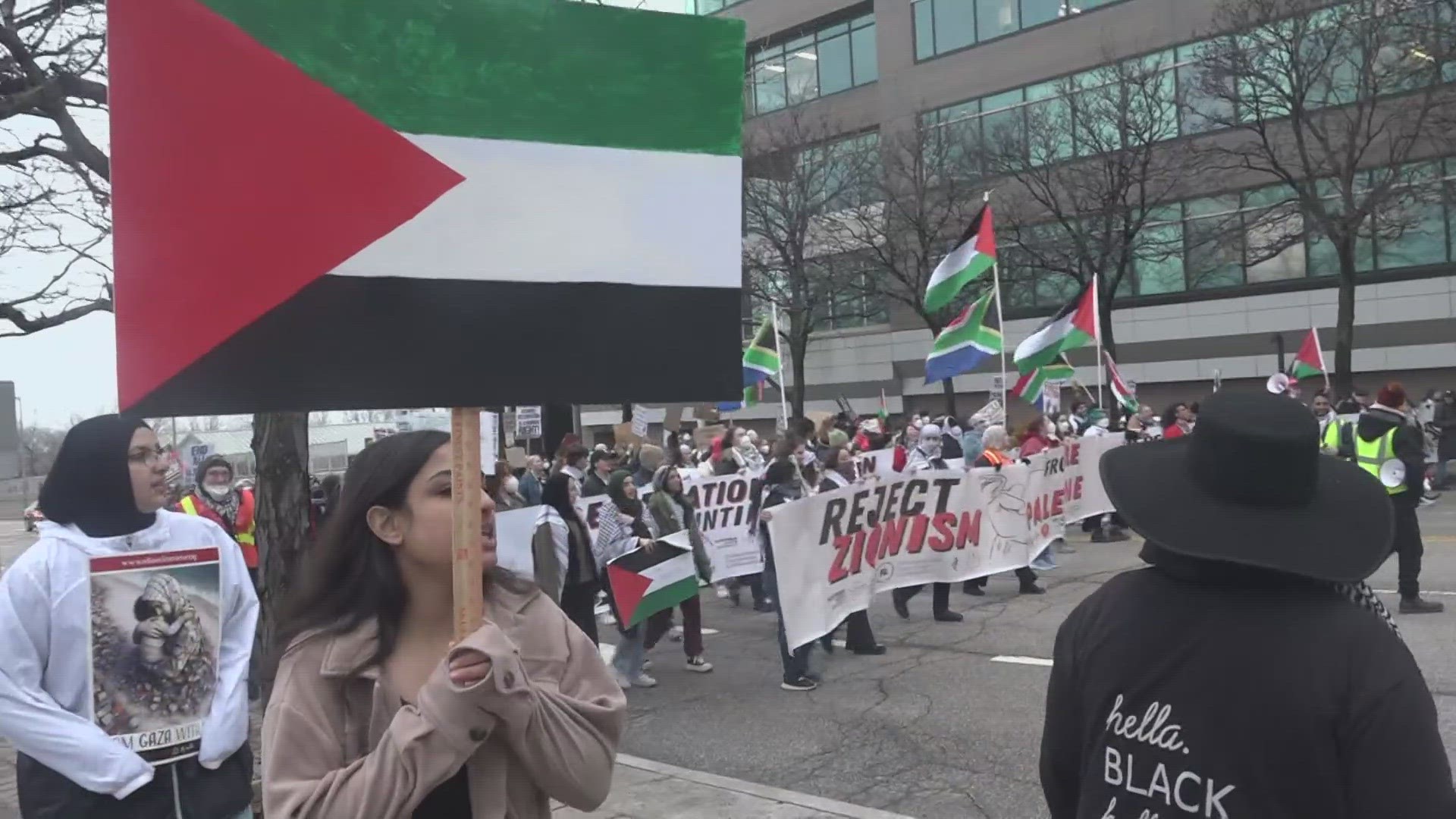 The group marched from the Rock and Roll Hall of Fame to Public Square then City Hall on Friday afternoon, calling for a ceasefire in Gaza.