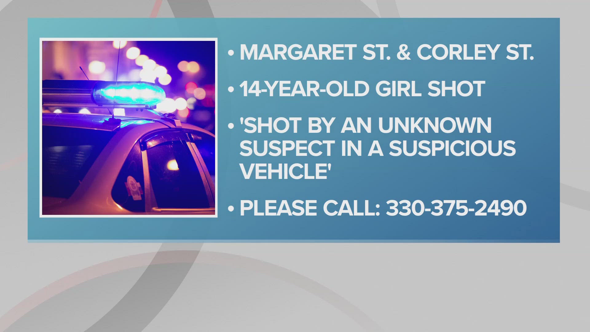 ​The victim told police that she and her friends were "walking to a friend's house when she was shot by an unknown suspect in a suspicious vehicle."