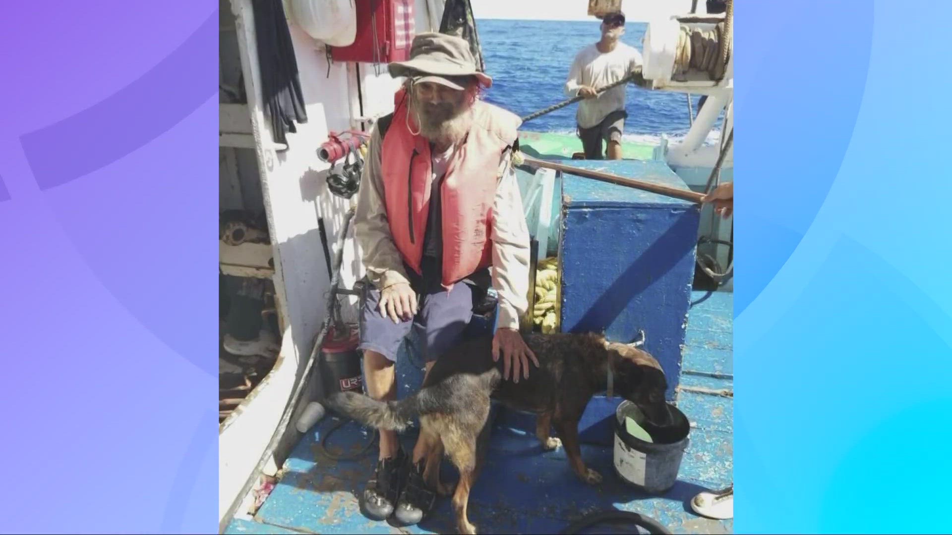 The man and his dog had survived on raw fish and rain water after a storm damaged his vessel and wiped out its electronics.