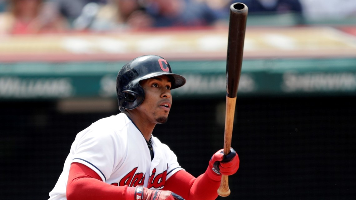 Cleveland Indians' Francisco Lindor stands in the dugout during the seventh  inning of an interleague baseball game against the Miami Marlins, Tuesday,  April 30, 2019, in Miami. The Indians won 7-4. (AP