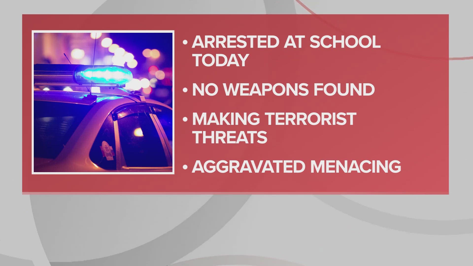 The Stanton Middle School student was arrested and charged with making terrorist threats and aggravated menacing.