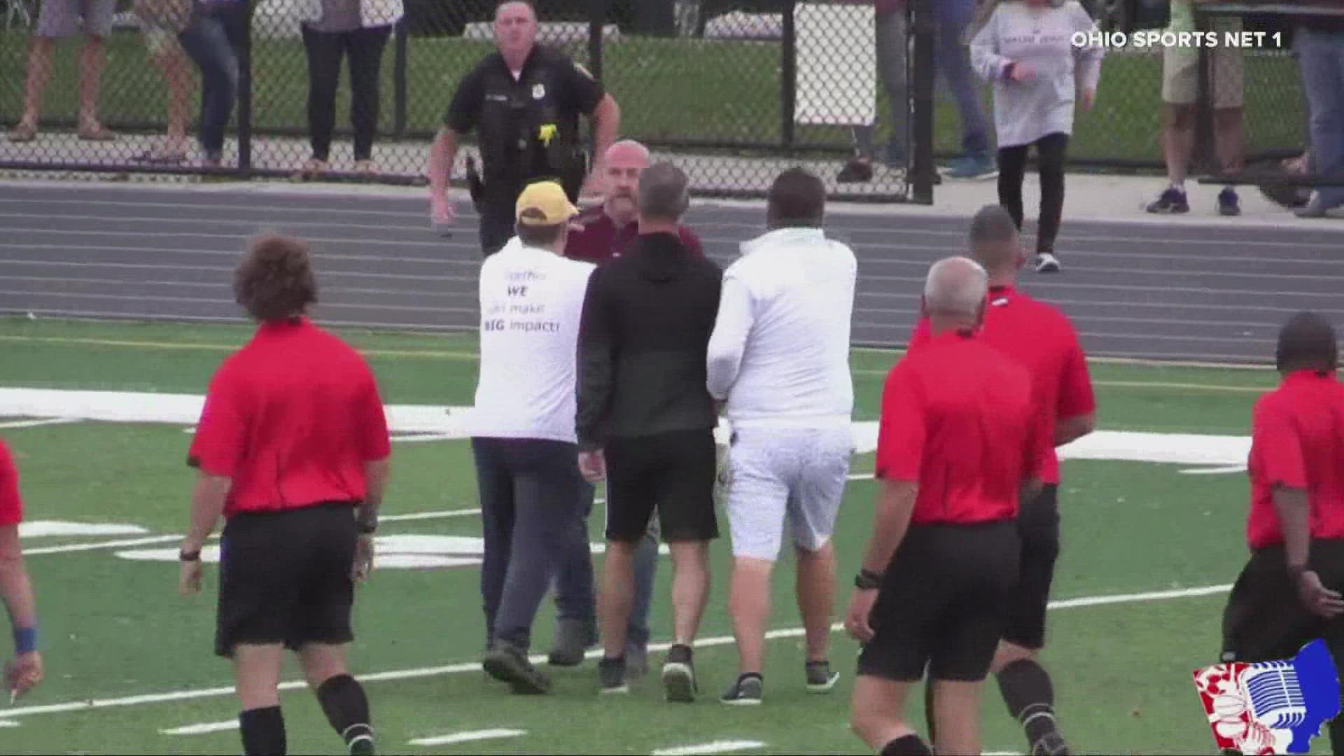 Chaos broke out on the field after a controversial penalty kick call at the end of a high school soccer tournament game last weekend.