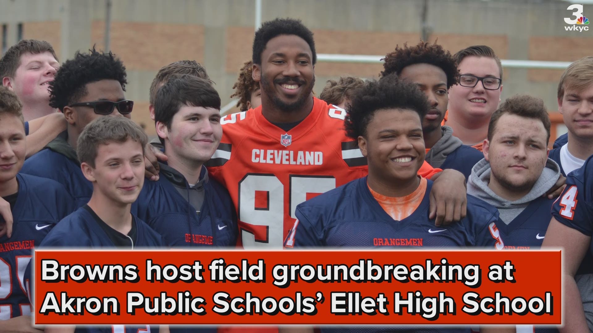 Cleveland Browns defensive end Myles Garrett took part in a groundbreaking ceremony for a new football field at Ellet High School in Akron Tuesday.