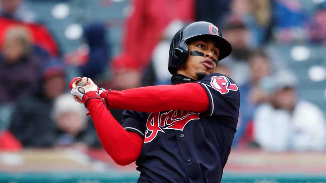 Cleveland Indians shortstop Francisco Lindor wears cleats with a  handwritten message during the first inning of Game 2 of a baseball  American League Division Series against the Houston Astros, Saturday, Oct.  6