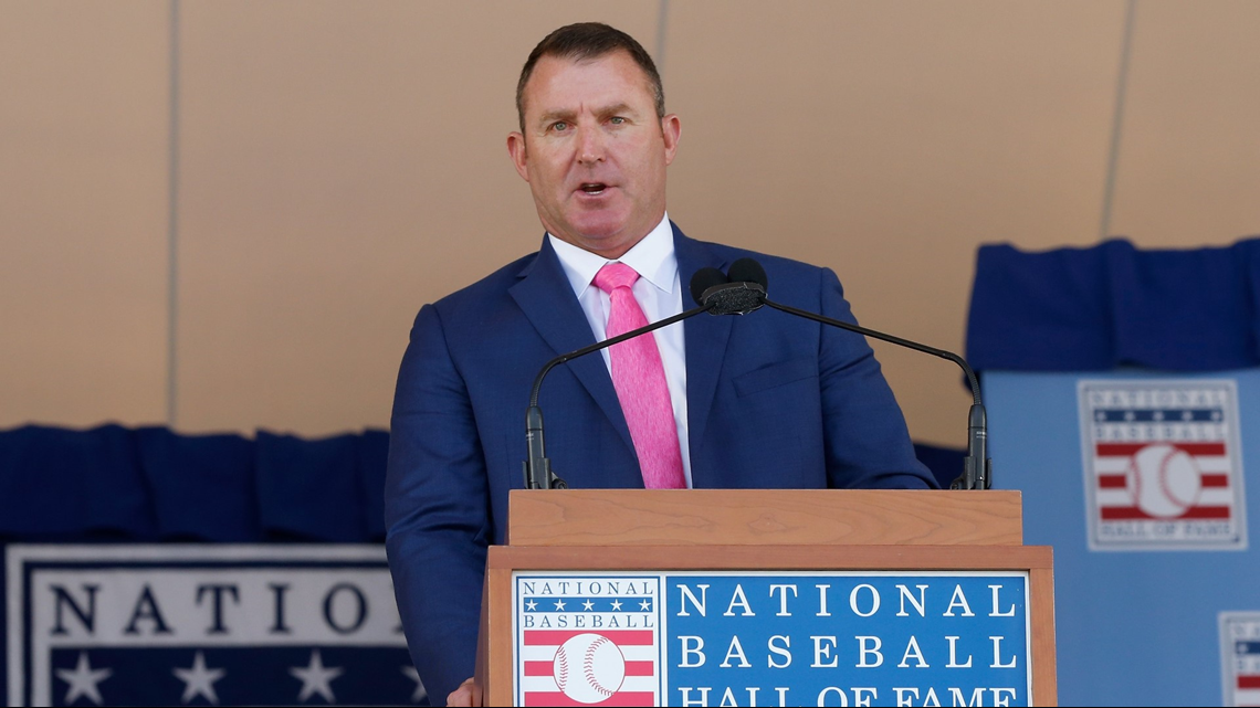 Chuck Thome, father to Cleveland Indians Jim Thome, pumps his fist during  Jim's speech at the induction ceremony into th…