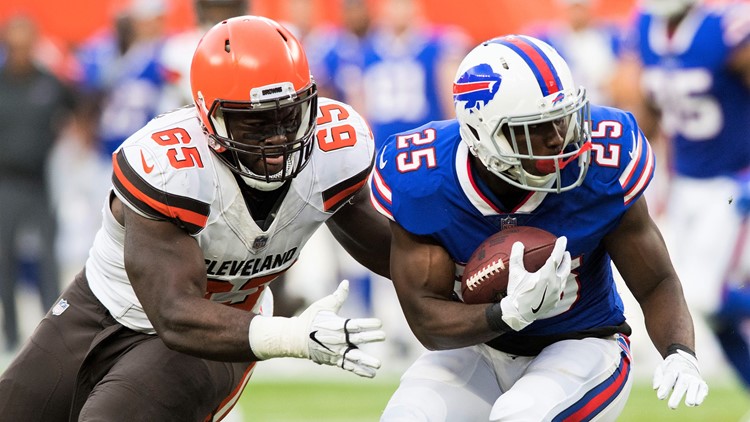 Buffalo Bills running back Duke Johnson warms up before a