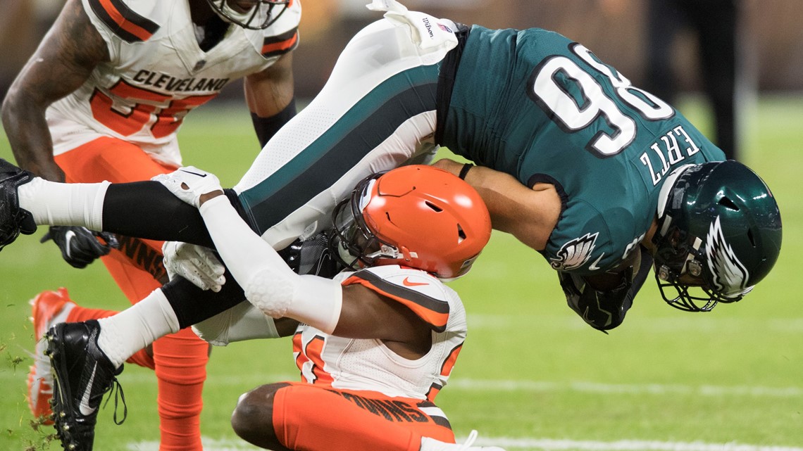 Philadelphia Eagles defensive end Tarron Jackson (75) runs up the field  during an NFL preseason football game against the Cleveland Browns, Sunday,  Aug. 21, 2022, in Cleveland. (AP Photo/Kirk Irwin Stock Photo - Alamy