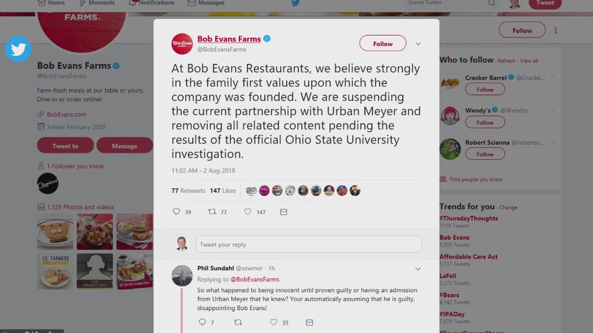 Urban Meyer has been removed from a partnership with Bob Evans