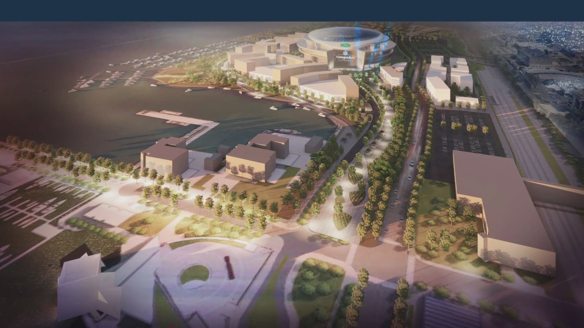 Renderings show plans for a 70,000-seat domed stadium, hotels, retail, parking, and residential area at the site of the current Burke Lakefront Airport.