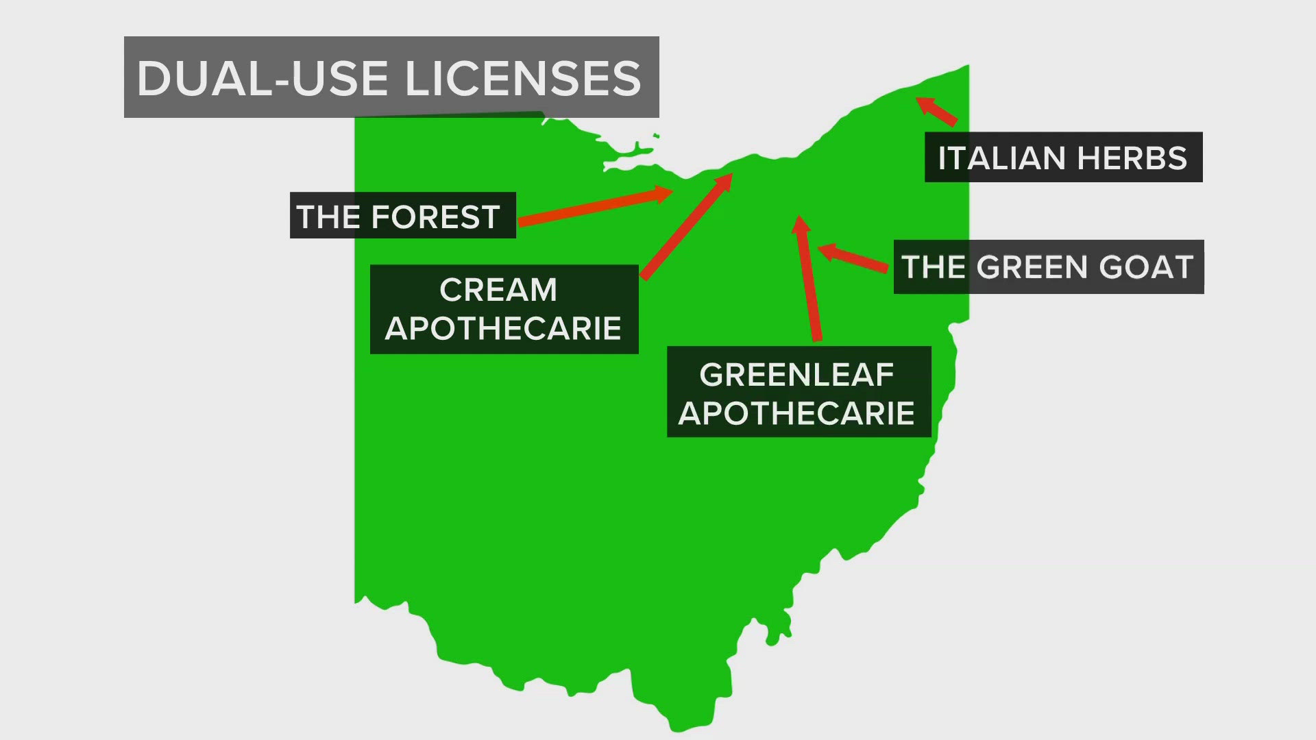 Recreational marijuana dispensaries are slated to be in Akron, Canton, and the Sandusky area, among other locations.
