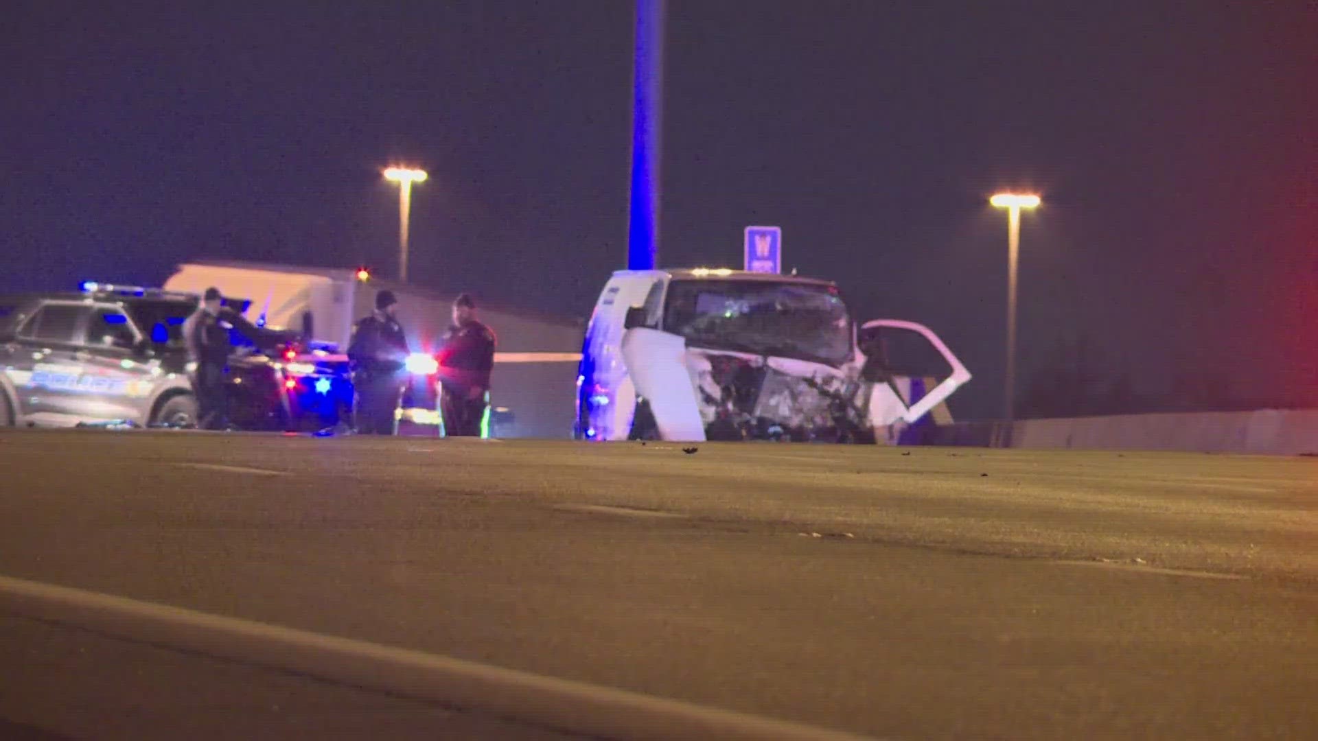 Officials say the van had been fleeing officers when it collided with another vehicle near Fulton Road. The suspect driver tried to run away before being arrested.