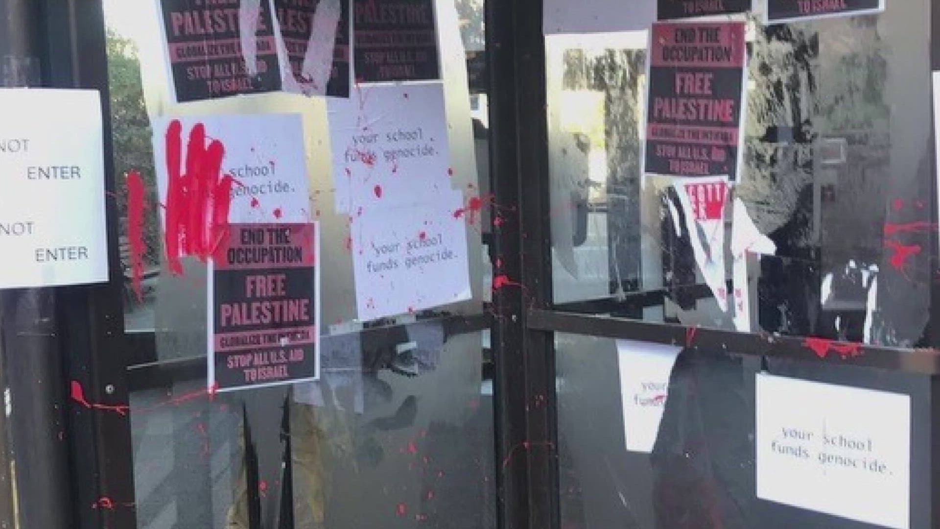 Parts of the courtyard outside CWRU were covered in red spray paint. Pictures from students on campus showed red handprints on the Samuel H. Miller Plaza.