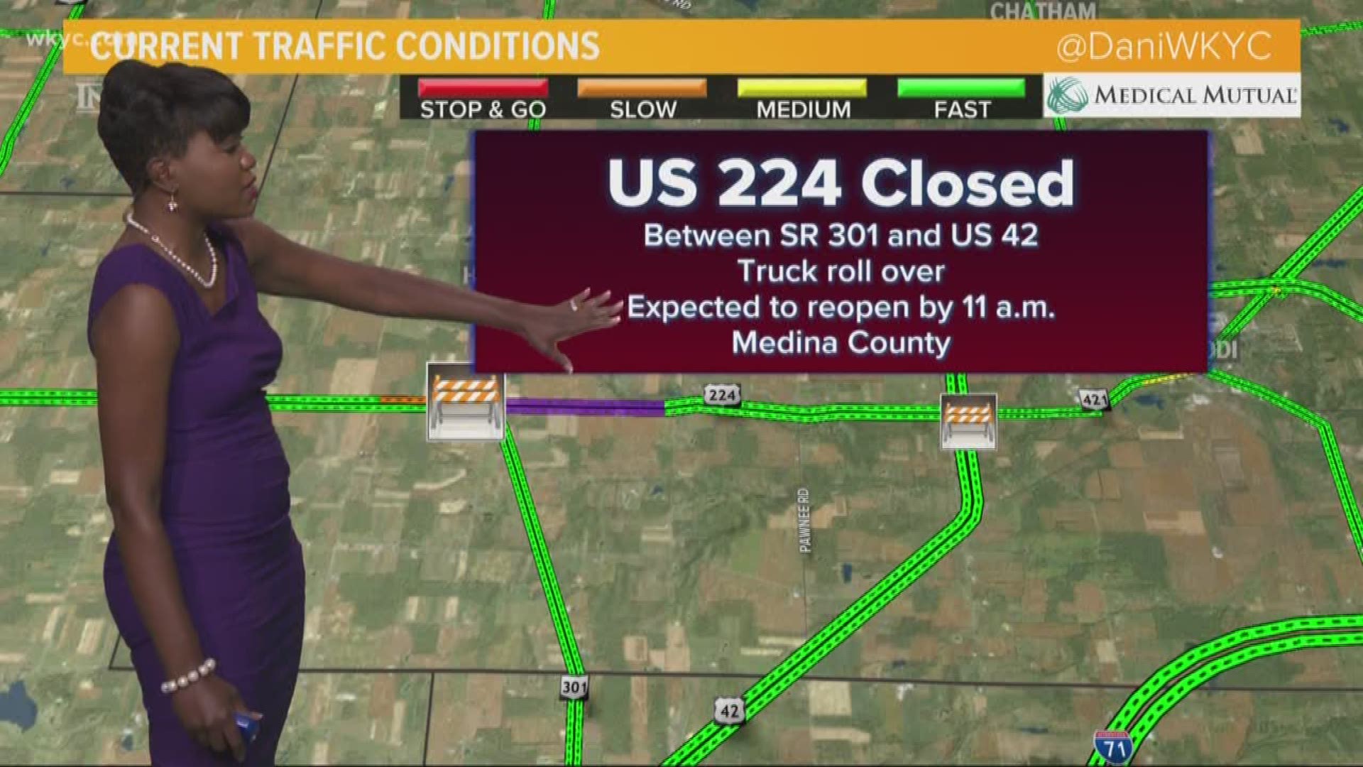 June 13, 2019: A portion of US 224 in Medina County is closed until further notice due to an overnight crash. The closure, which involves an overturned truck, impacts 224 between Route 301 and US 42.