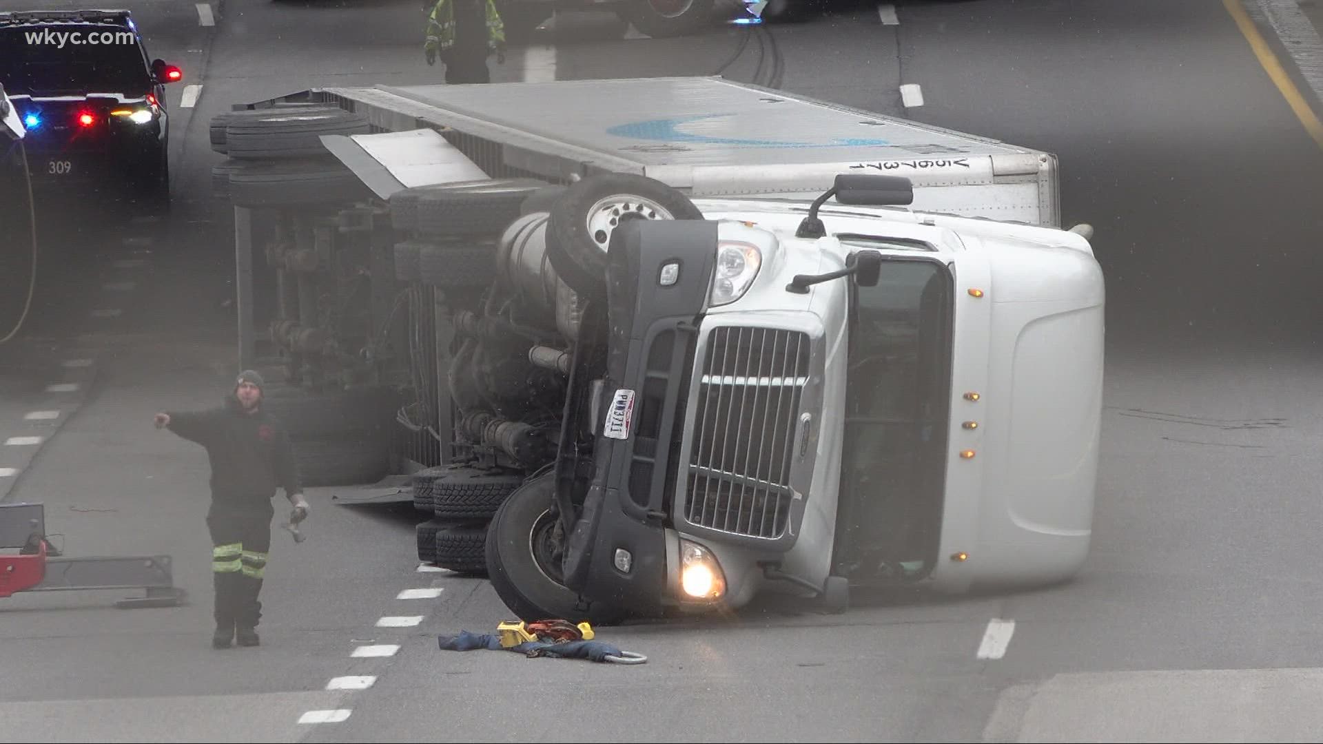 An overturned semi-truck at Dead Man's Curve blocked two lanes of traffic Saturday afternoon.