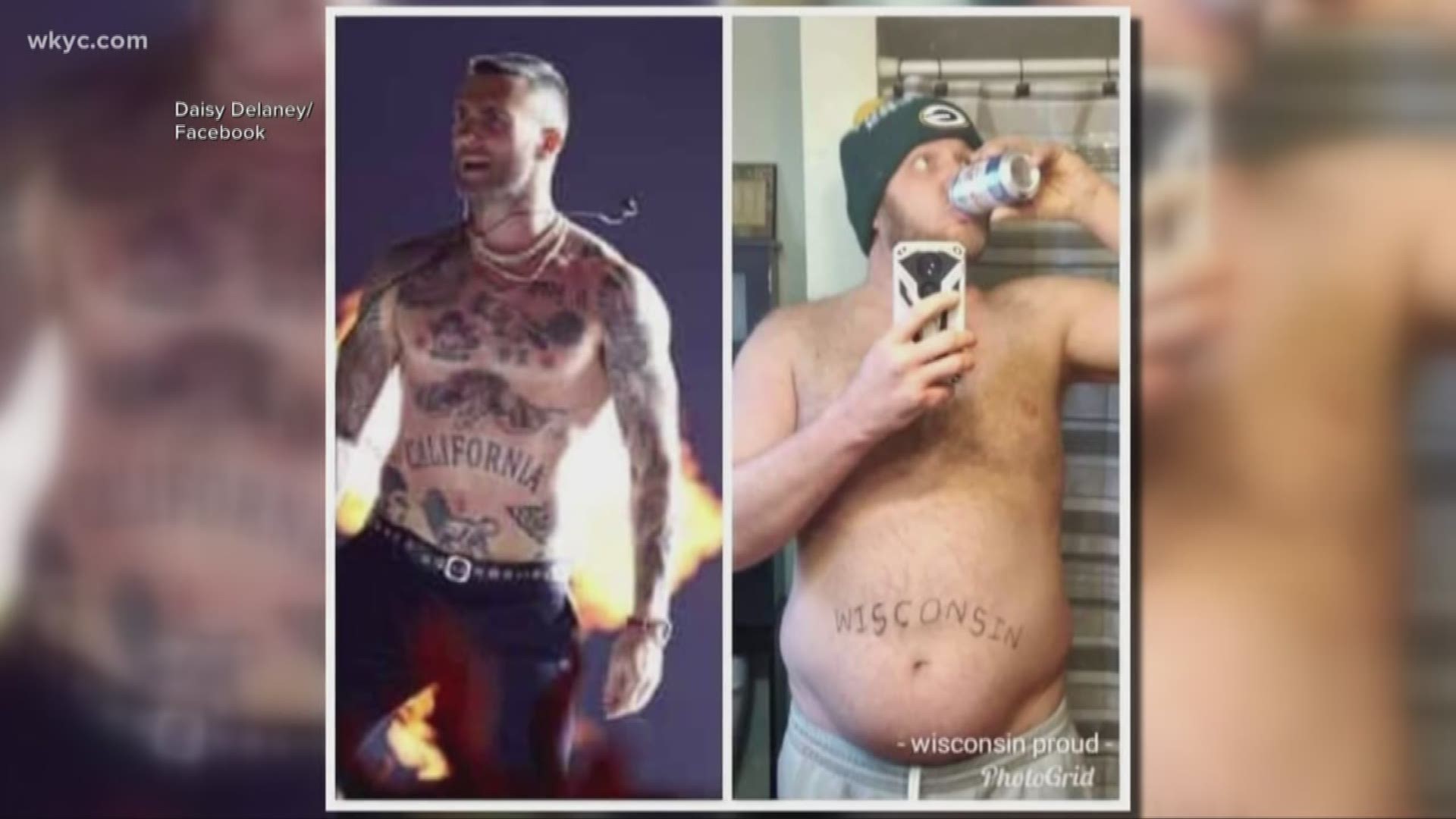3 on 3: Men doing state belly tattoos in honor of Adam Levine at Super Bowl  