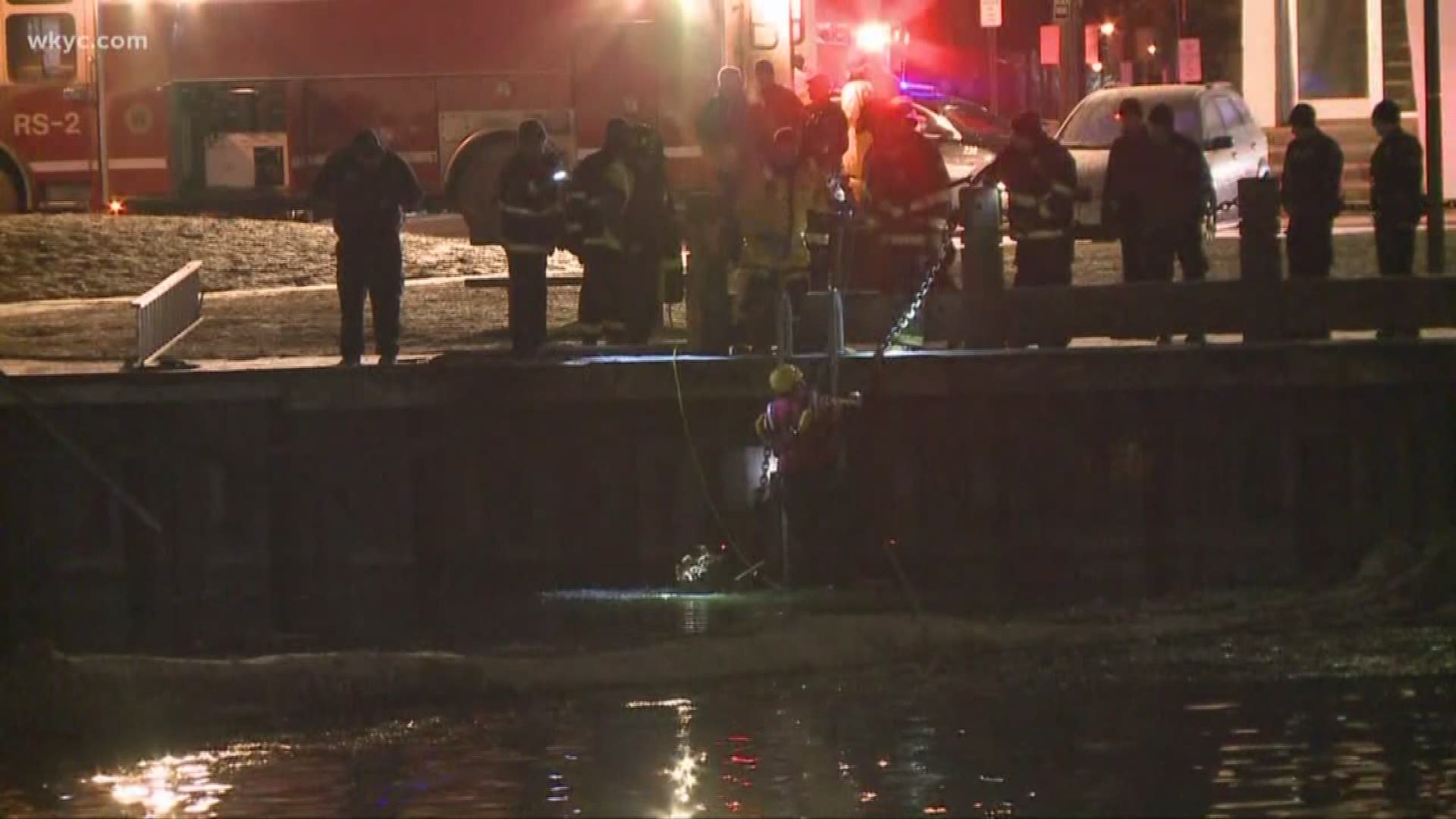 March 4, 2019: A rescue mission was underway early Monday morning after a car drove into the Cuyahoga River. Firefighters and first responders were in the frigid waters trying to get to the vehicle. Police say the car was going down Elm Avenue near the Stonebridge Apartments in the Flats when the driver crossed Riverbed Street, drove through the grassy area and then down into the river.