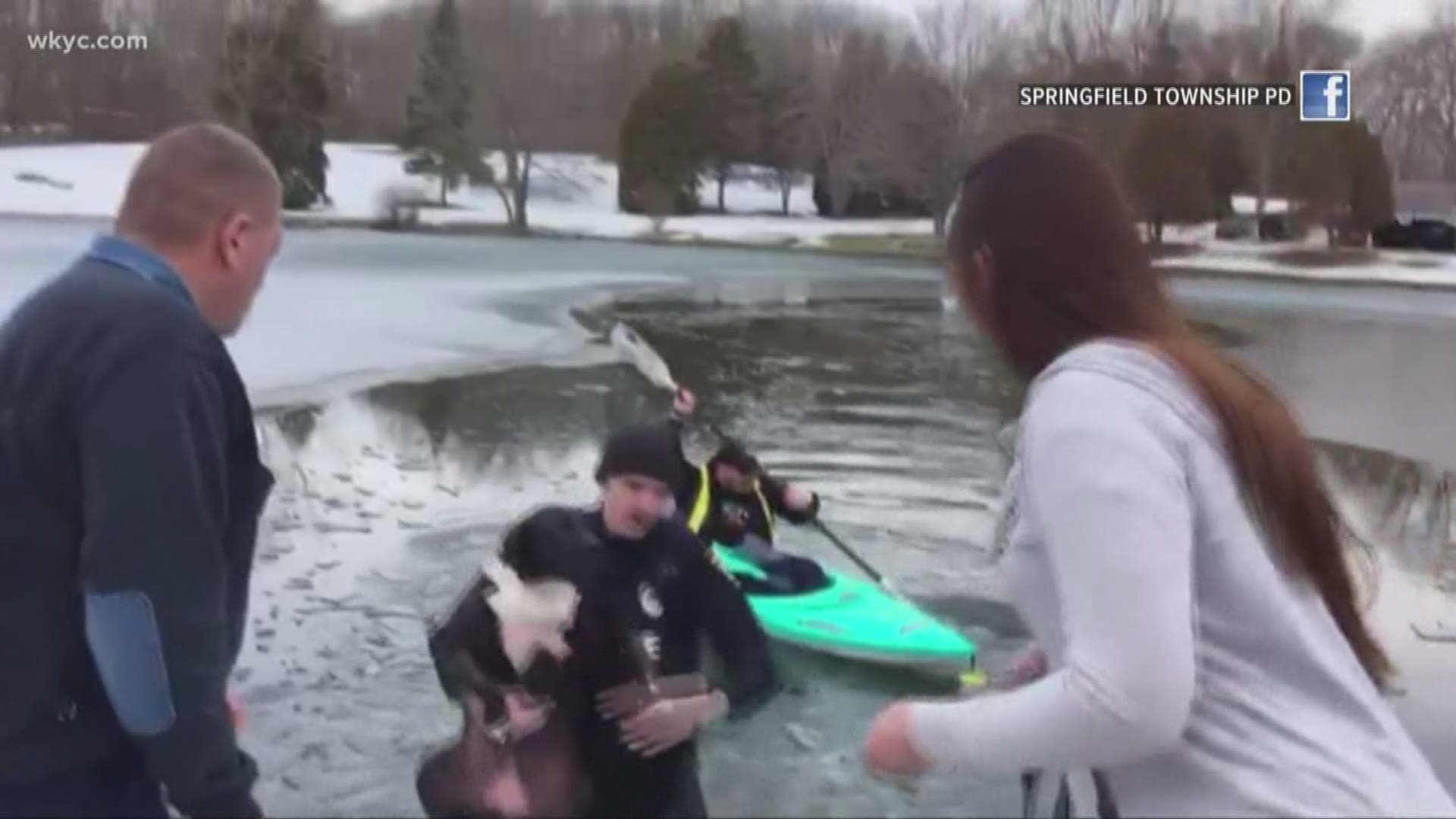 A dog was rescued from icy waters Sunday. Police were able to reunite the pup with his family.