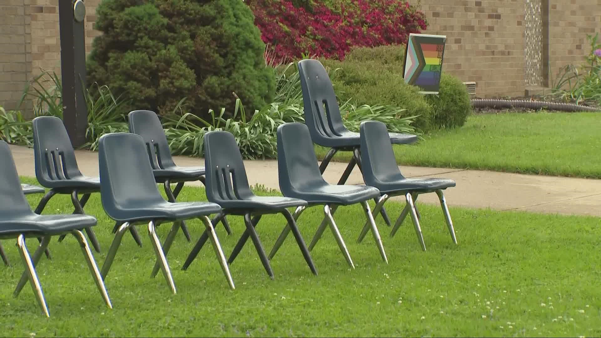 United Methodist Church of Macedonia on Aurora Road has displayed 21 chairs for the victims of the shooting in Uvalde, Texas.