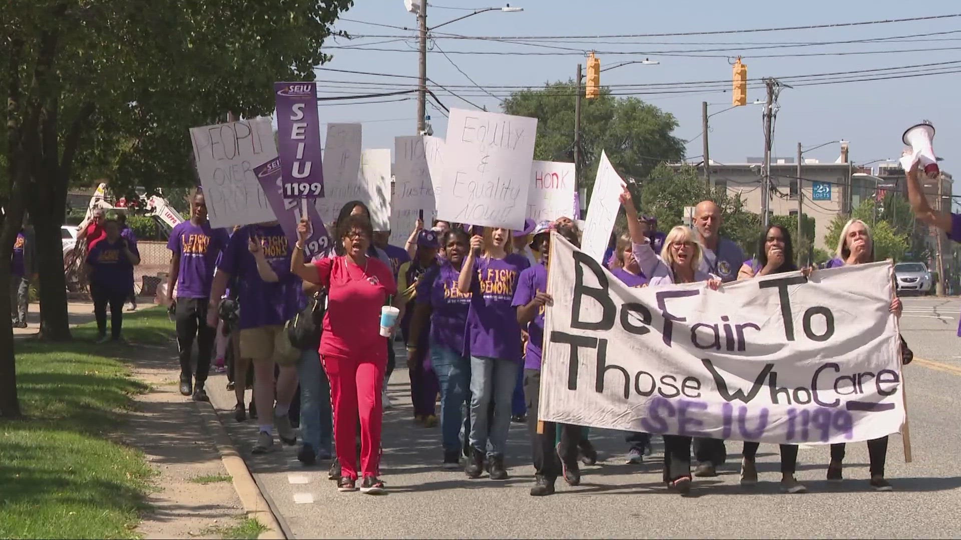 Hundreds of union members and their supporters stood outside the hospital in Ohio City on Wednesday calling for change.