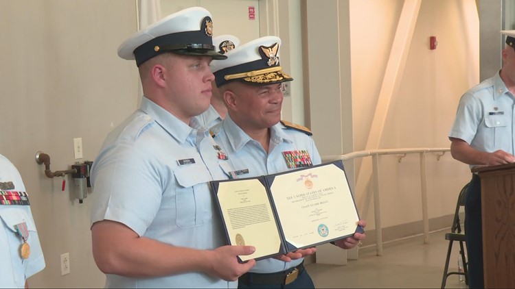2 Coast Guard members honored for rescuing man from burning car outside Lorain station