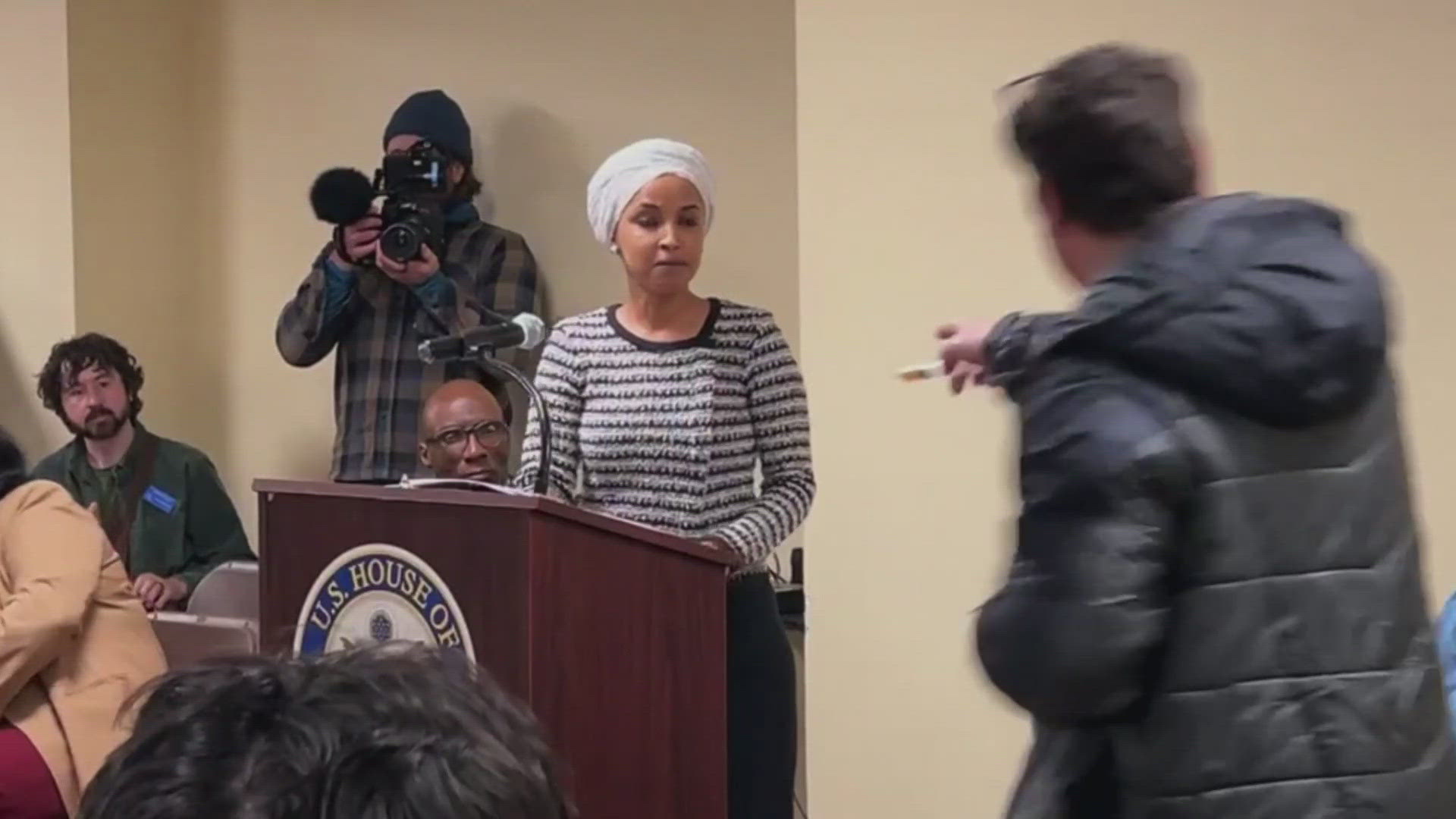 Man arrested after spraying unknown substance on Rep. Ilhan Omar at ...
