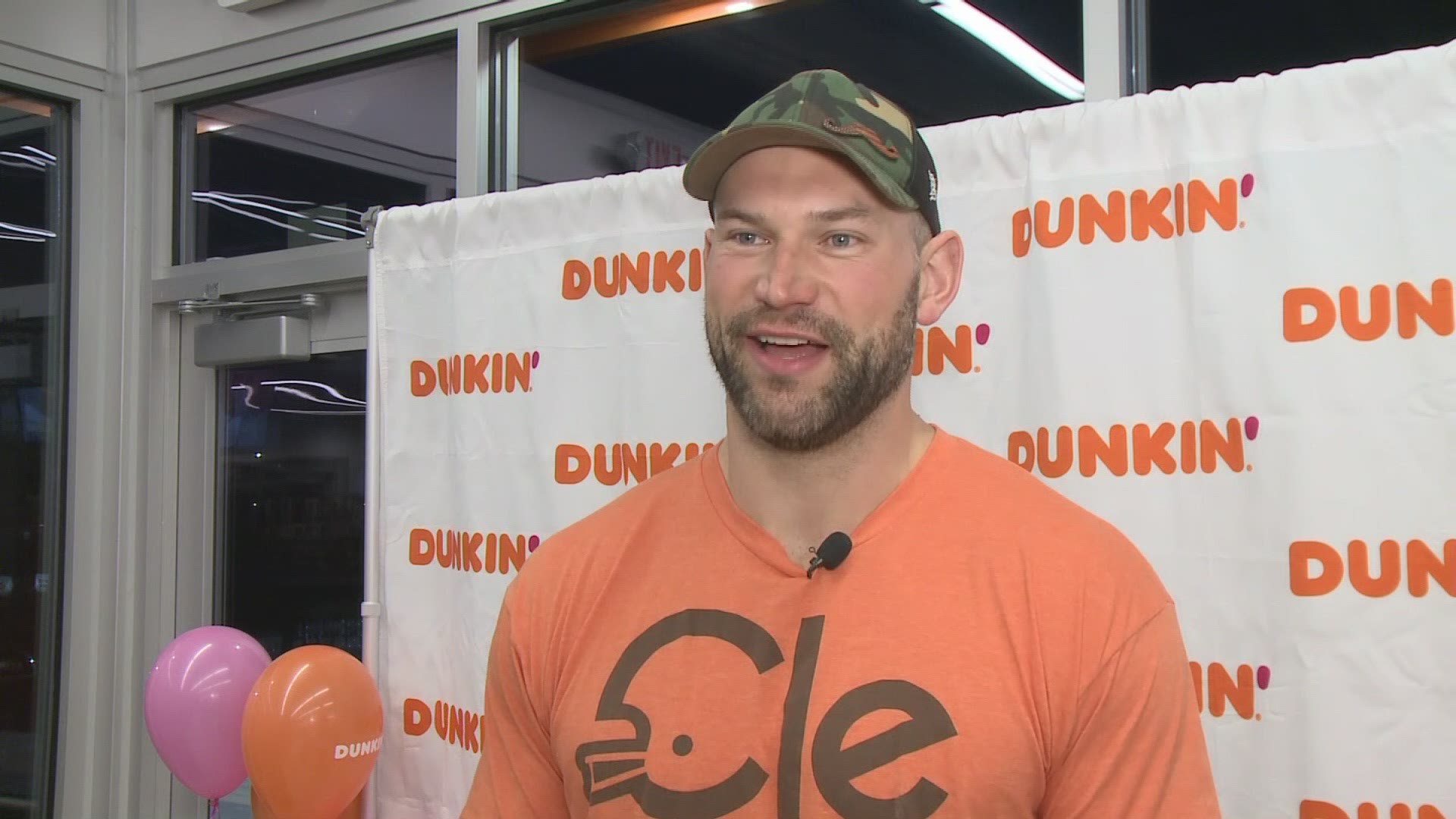 Former Cleveland Browns left tackle Joe Thomas handed out coffee at an Avon Dunkin Donuts. He also discussed Myles Garrett's actions against the Pittsburgh Steelers.