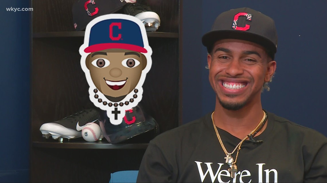 Cleveland Indians Francisco Lindor wears shoes that say Believe Land  after a single against the Cleveland Indians in the first inning of game 2  of the American League Championship Series at Progressive