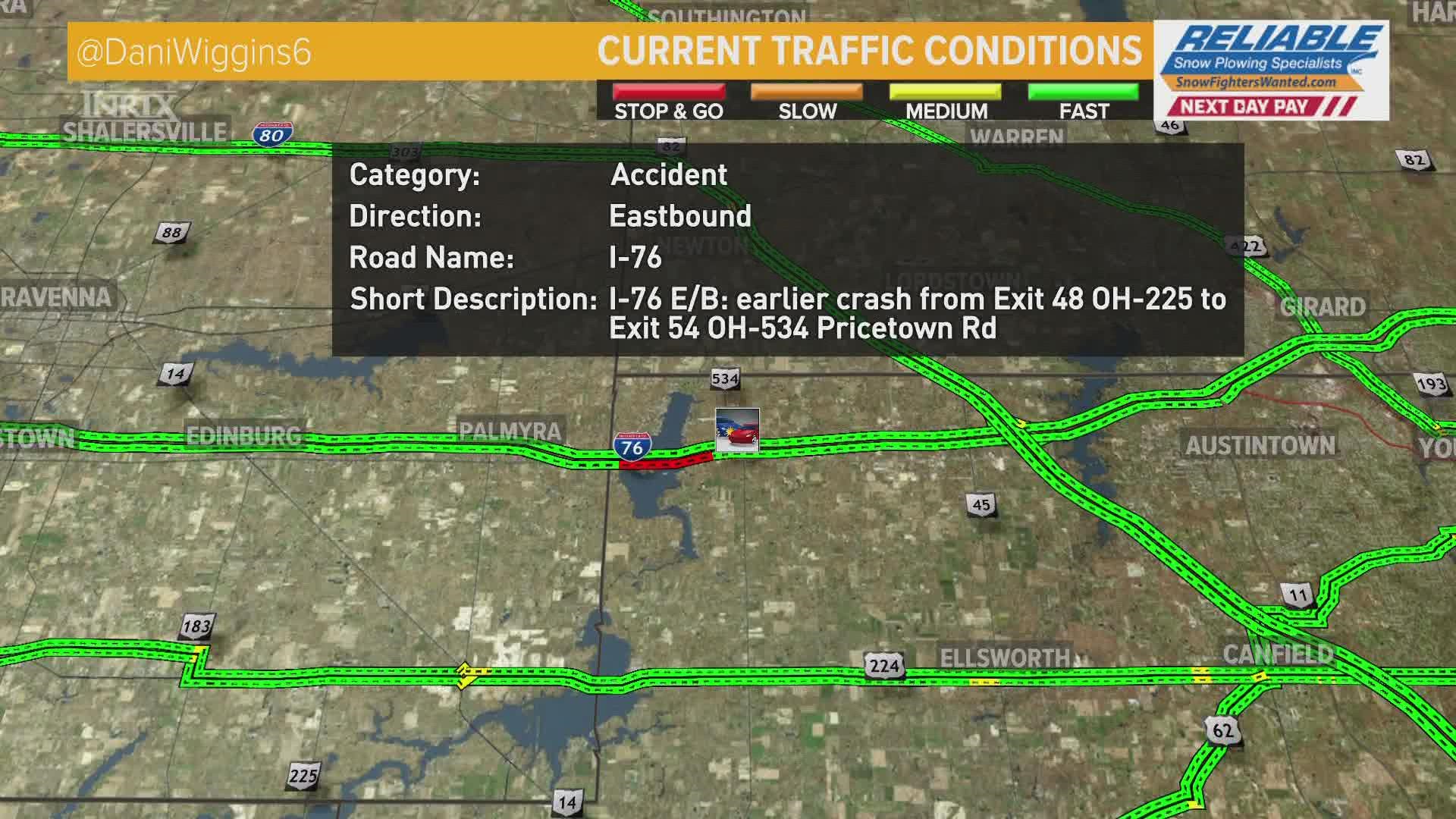 We have a traffic alert for those of you who take I-76 East toward Youngstown as the roadway is currently closed due to an early morning crash near Lake Milton.