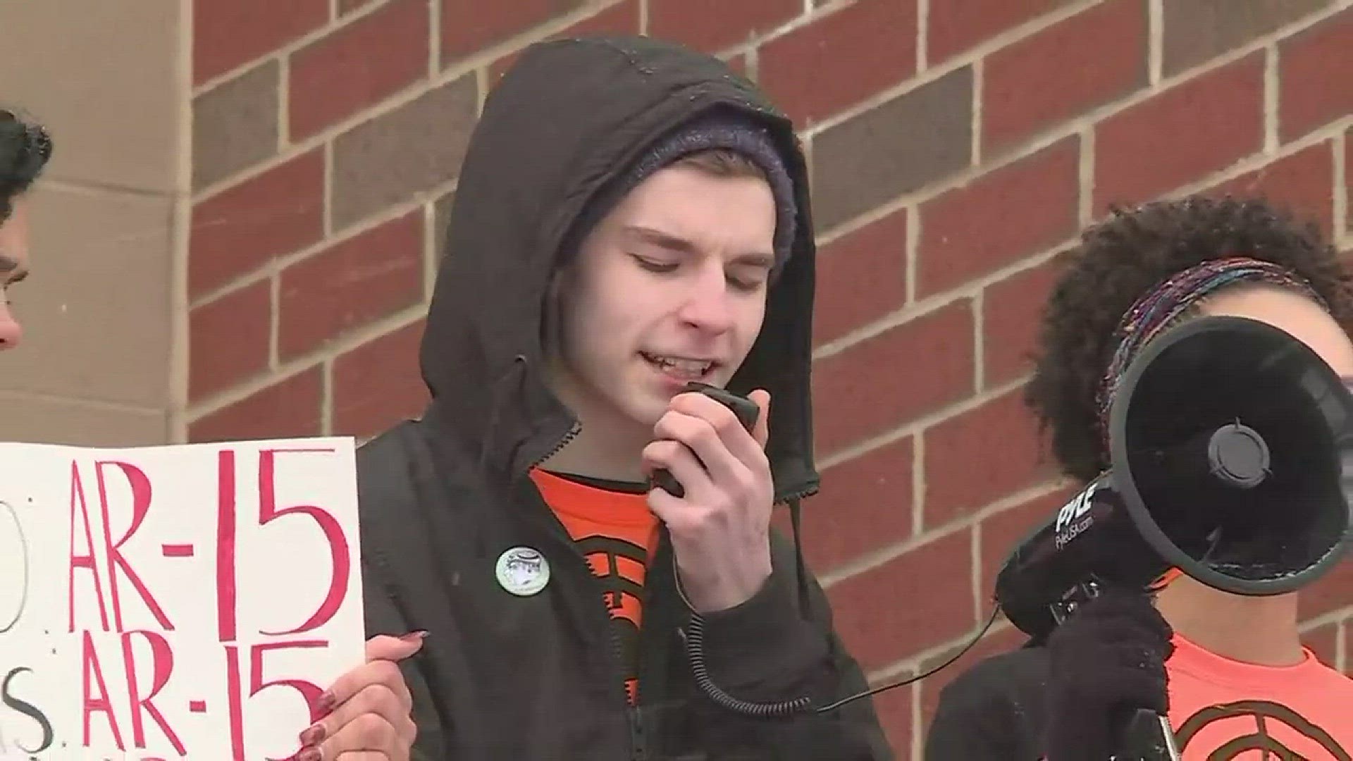 March 14, 2018: This student brought cheers from his peers as classes walked out at Firestone High School in Akron to protest gun violence.