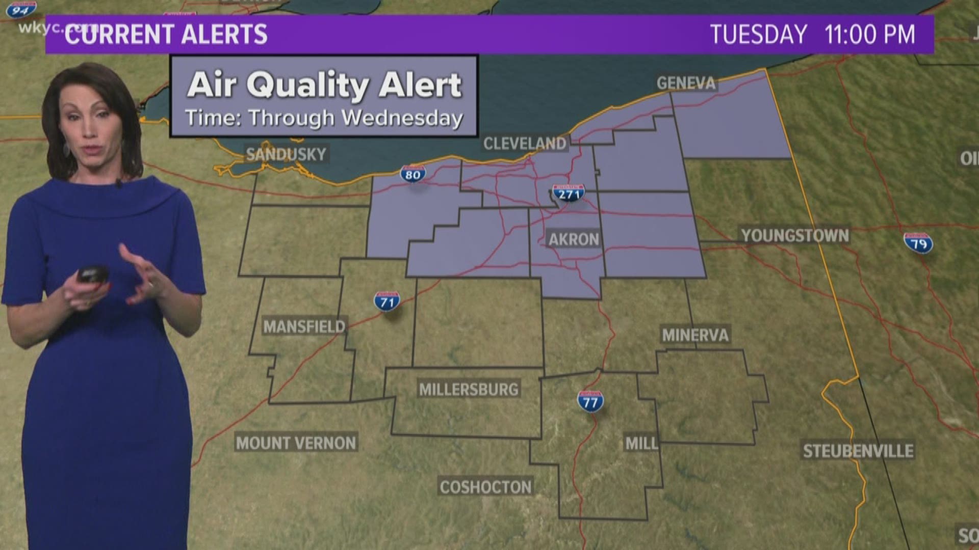 Look for some sun to peek out on Wednesday with temperatures in the mid 40s. There's an Air Quality Alert for sensitive groups in Northeast Ohio.