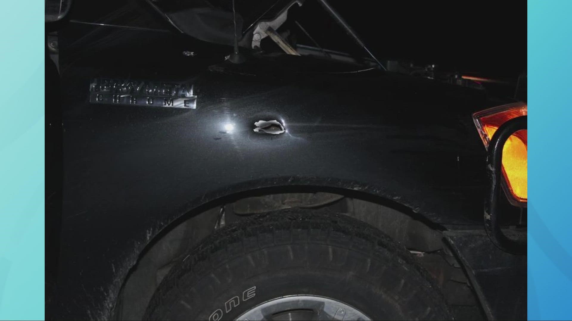 The driver of a silver Subaru fired shots that struck the side of a pickup truck during an apparent road rage incident on I-90 on Monday.