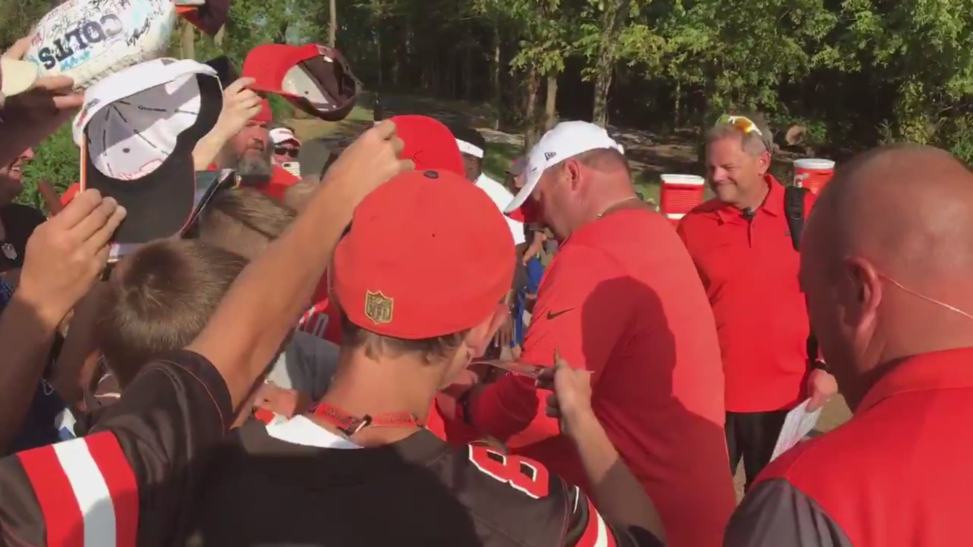 Cleveland Browns coach Freddie Kitchens signed autographs for fans following the joint practice with the Indianapolis Colts on August 14, 2019.