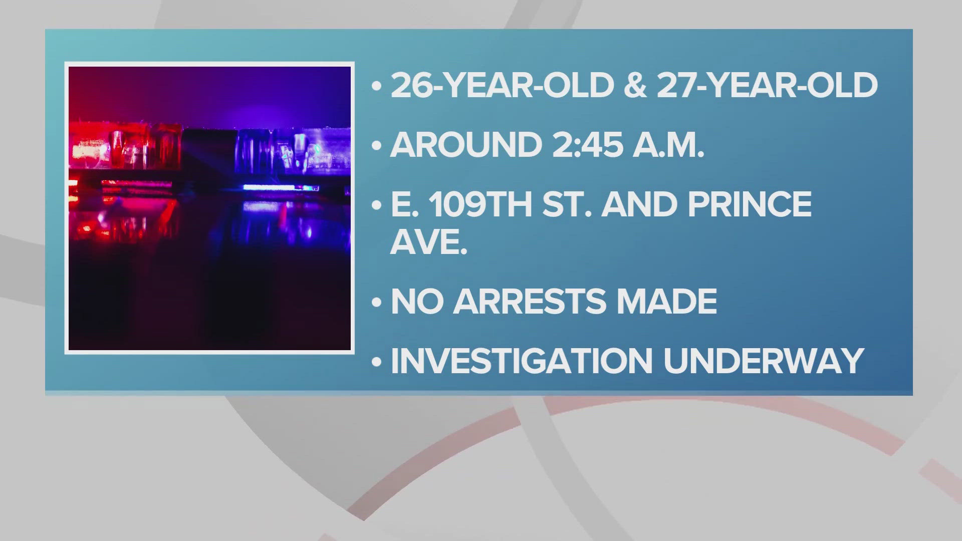 Cleveland police say it was around 2:45 a.m. when officers responded to the scene and found two men -- ages 26 and 27 -- with gunshot wounds.