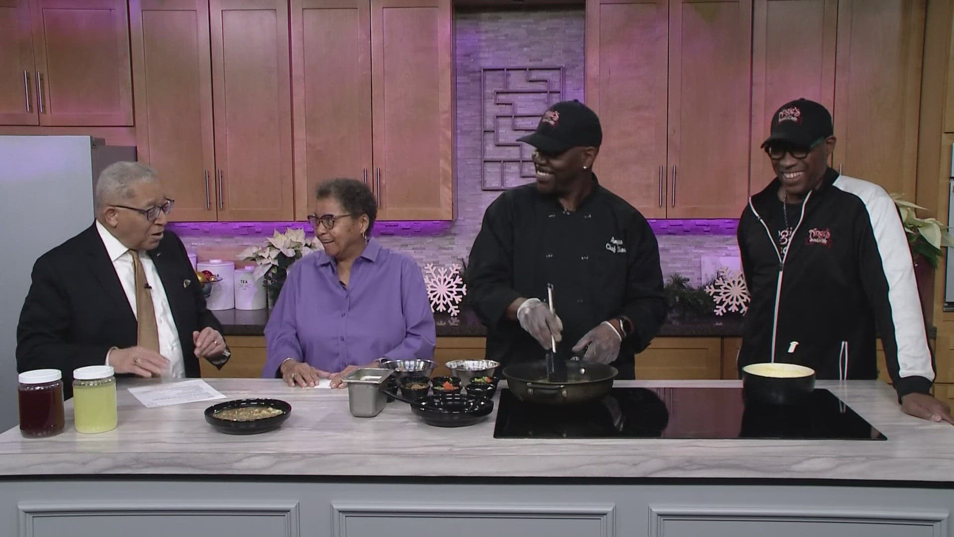 Leon is joined in the kitchen by Dyeatra Williams, Executive Director of SOS: Strengthening Our Students and Chef Shon and Owner Adrian Lindsay of Angie's Soul Café.