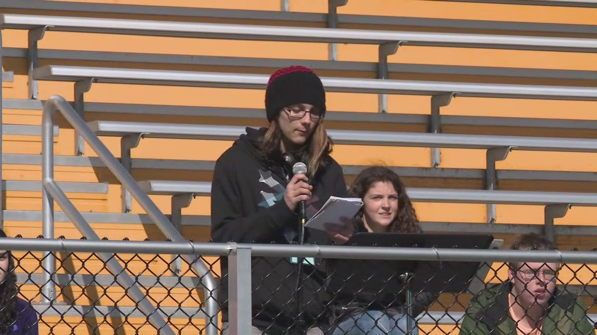 A Cleveland Heights High School student reads a poem during the April 20 walkout to protest gun violence.