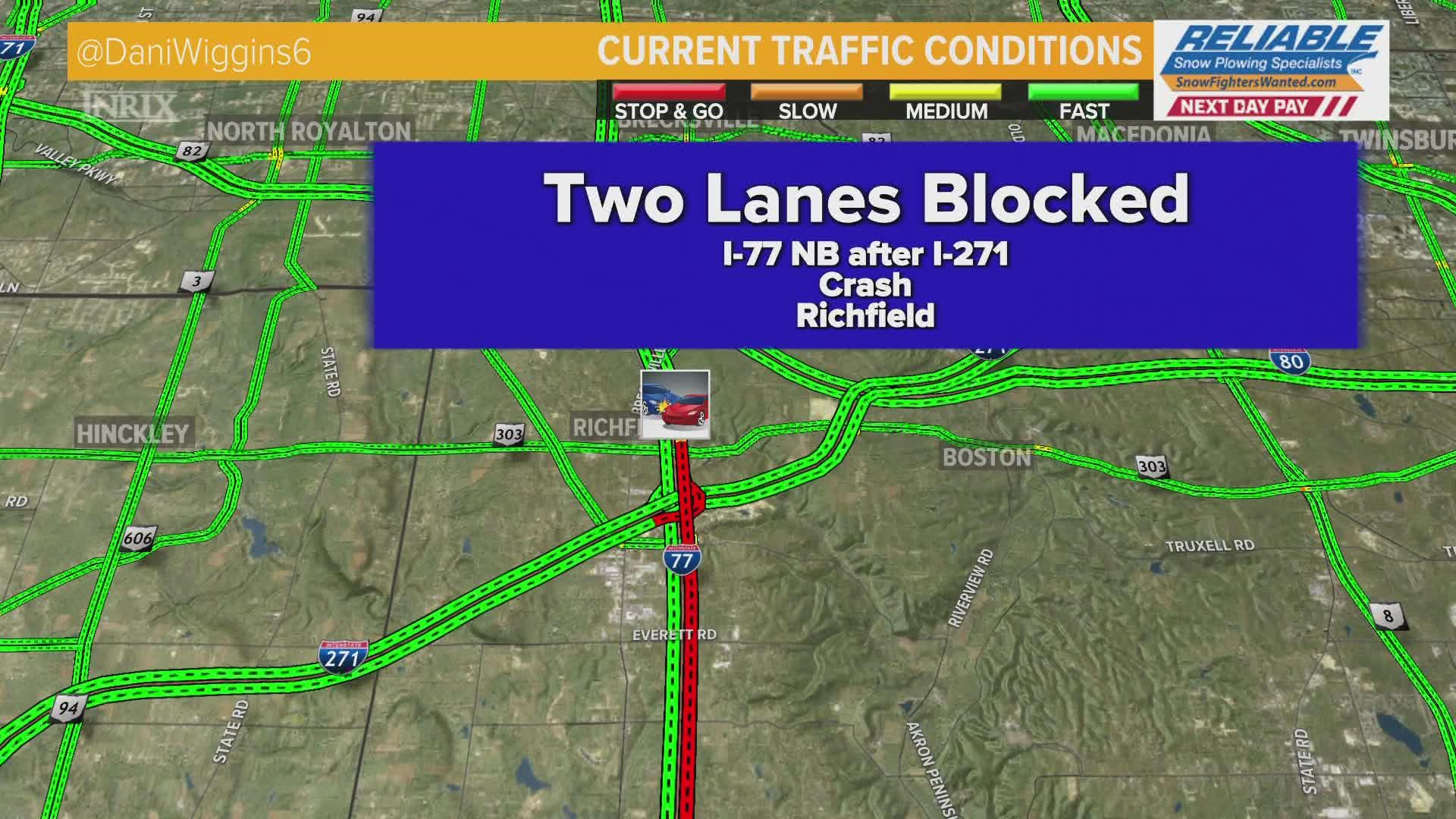 A crash on I-77 North near I-271 in Richfield is causing major traffic delays in Summit County.