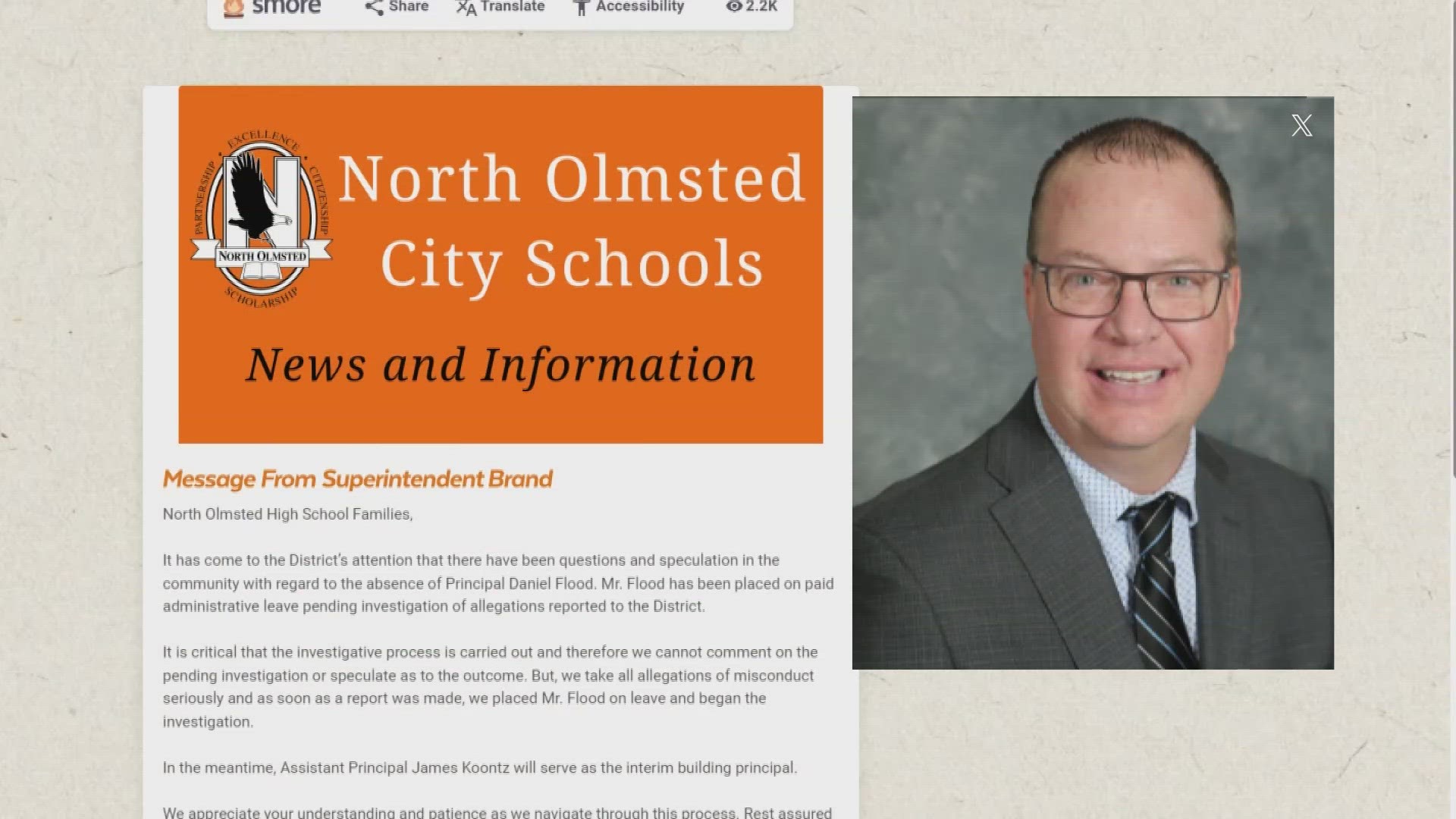 Superintendent David Brand has confirmed that North Olmsted High School Principal Daniel Flood has been placed on paid administrative leave.